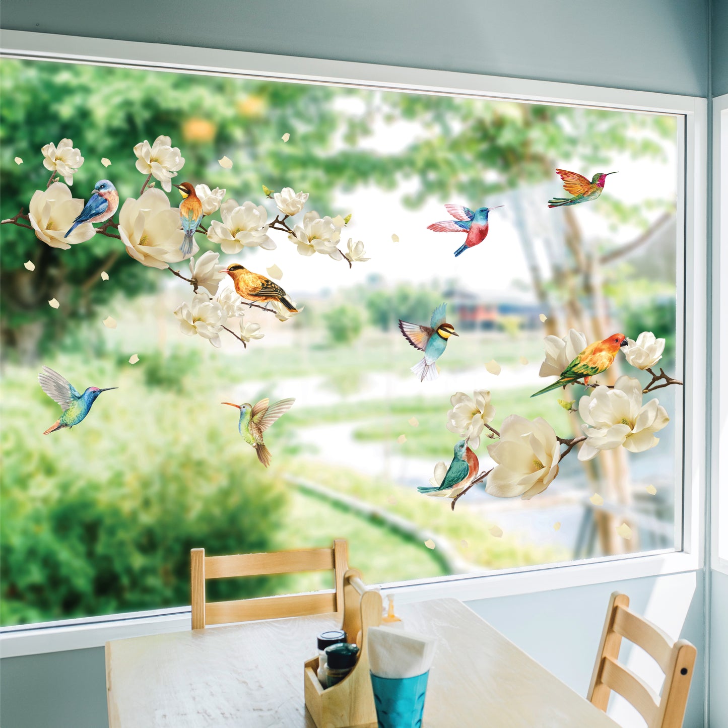 WSW6023 - White Magnolia Flowers with Birds Window Clings