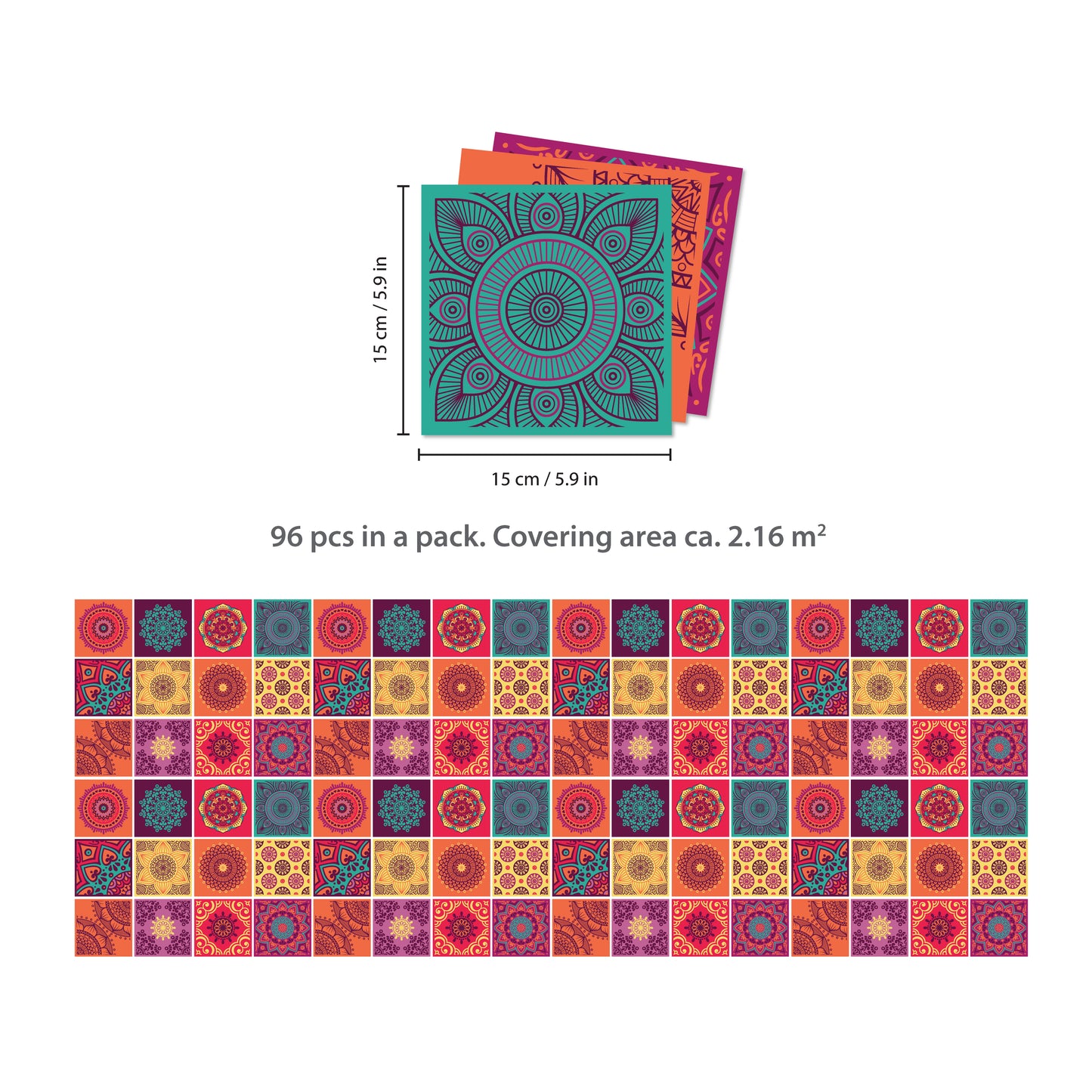 WT1509 - Colourful Mandala Tiles Wall Stickers - 15 cm x 15 cm - 24 pcs.