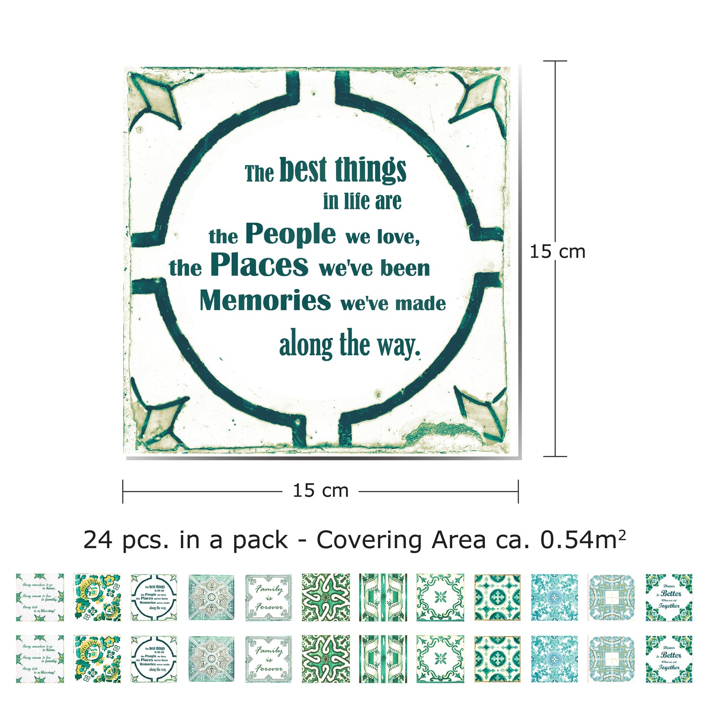 WT1515 - English Quote Vintage Green Tile Sticker - 15 cm x 15 cm - 24 pcs