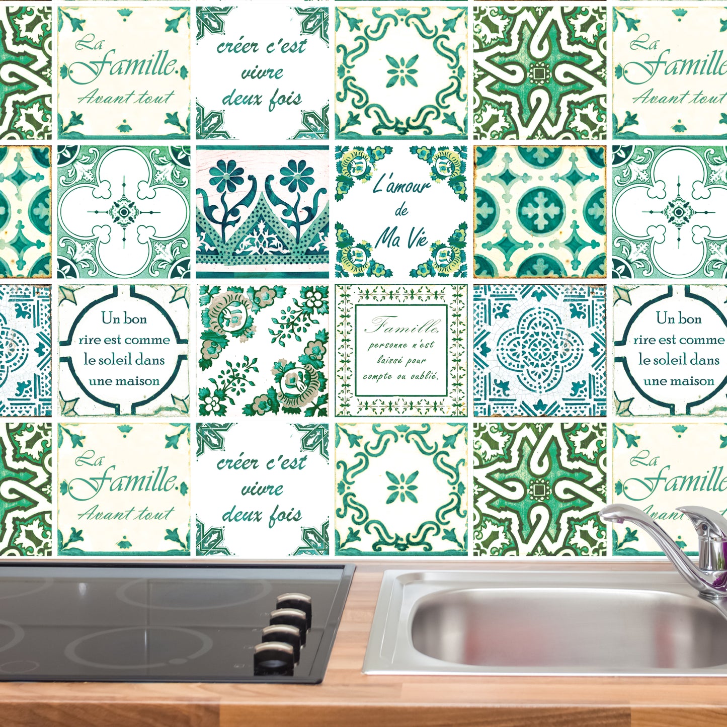 WT1516 - French Quote Classic Green Tile Sticker - 15 cm x 15 cm - 24 pcs