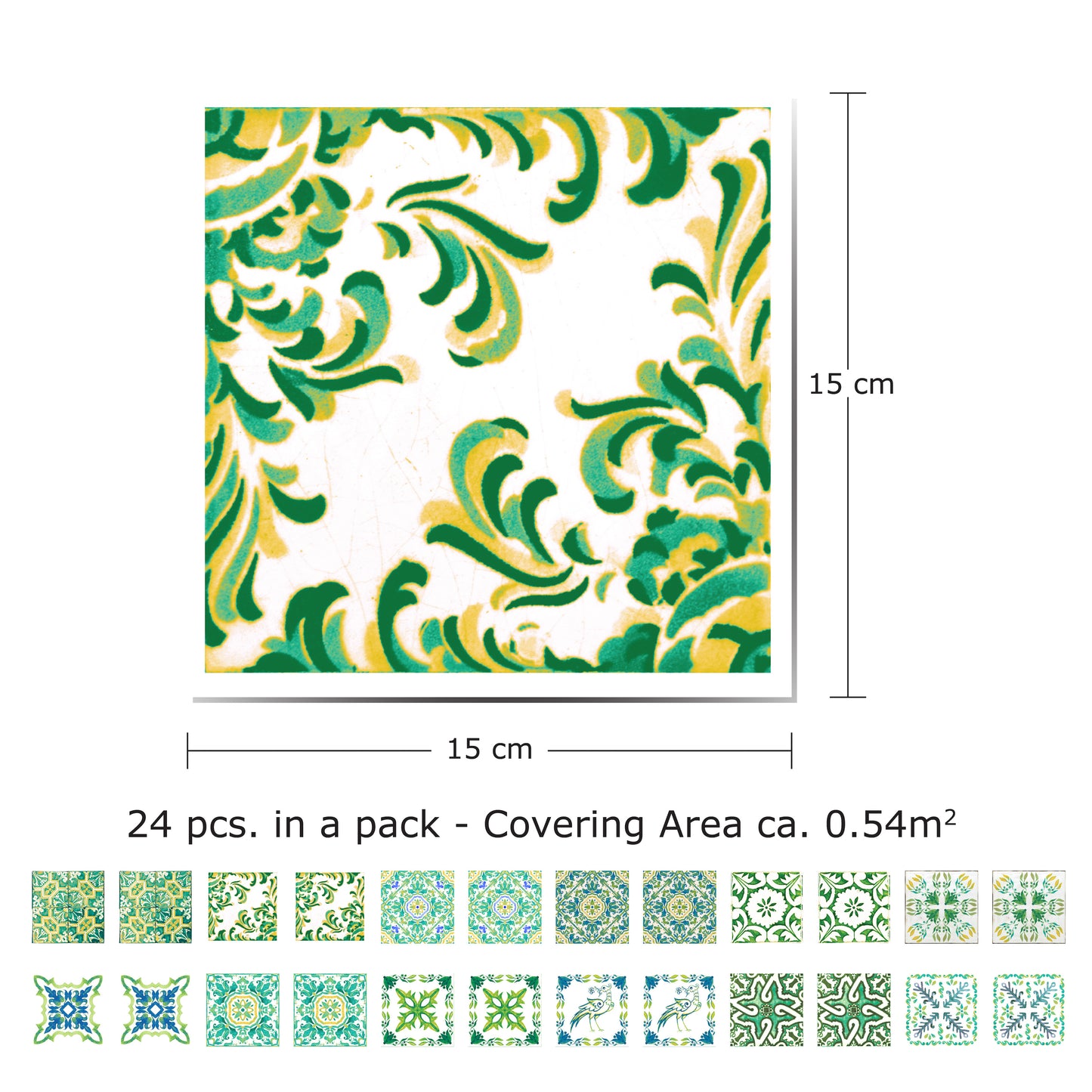 WT1520 - Turkish Green Mosaic Tile Sticker - 15 cm x 15 cm - 24 pcs