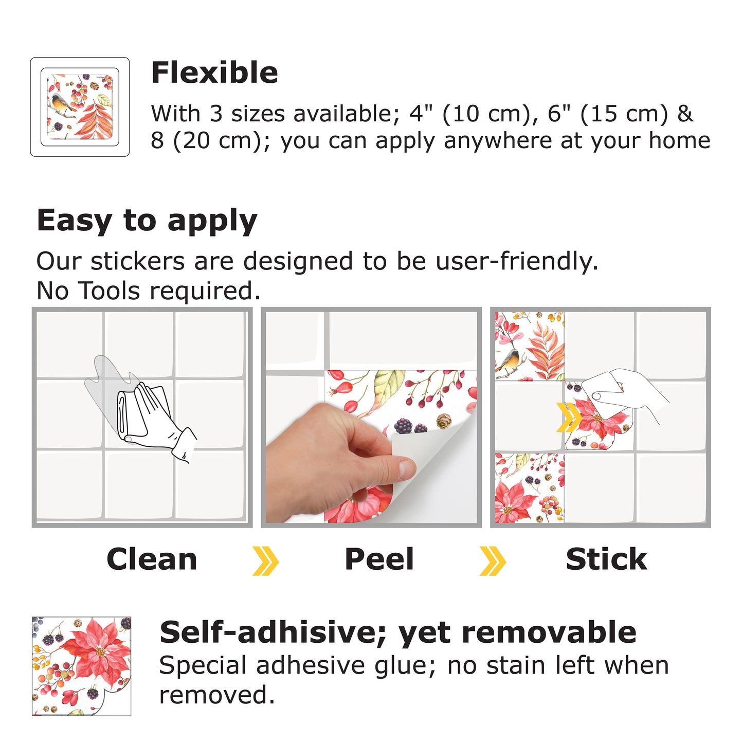 WT1527 Poinsettia the Winter Joy Tiles Mix Wall Stickers - 15 cm x 15 cm - 24 pcs.