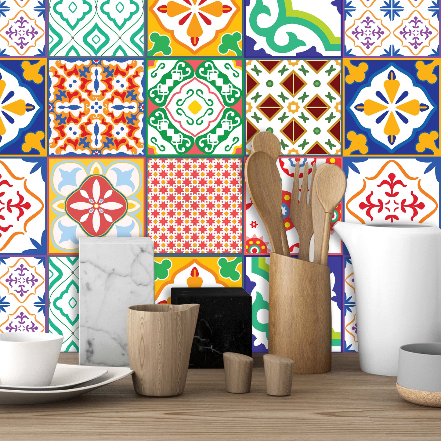 WT1535 - Classic Mediterranean Colourful Mixed Tiles Wall Stickers Set 1 - 15 x 15 cm (6 x 6 inches) - 24 pcs.