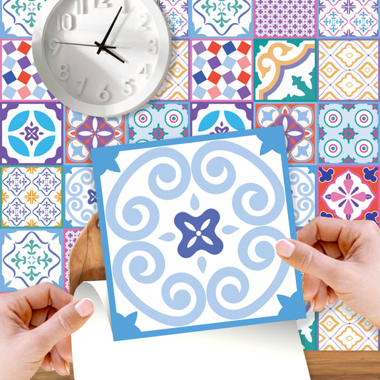 WT1537 - Classic Moroccan Colourful Mixed Tiles Wall Stickers Set 1 - 15 x 15 cm (6 x 6 inches) - 24 pcs.