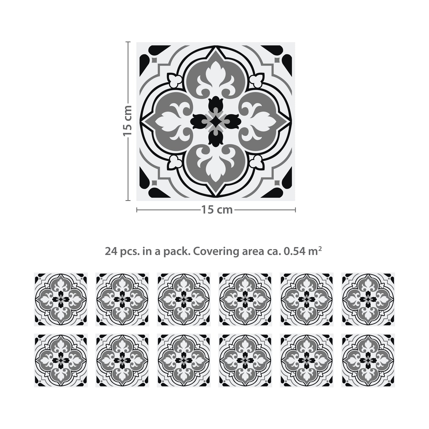 WT1540 - Seamless Antique Floral Tiles Design Wall Stickers Set 2 - 15 x 15 cm (6 x 6 inches) - 24 pcs