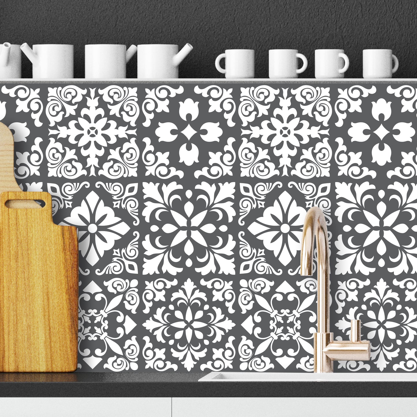 WT1542 - Dark Grey Spanish Renaissance Tiles Wall Stickers - 15 cm x 15 cm - 24 pcs