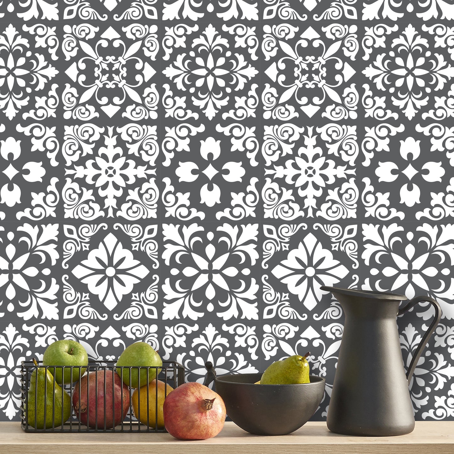 WT1542 - Dark Grey Spanish Renaissance Tiles Wall Stickers - 15 cm x 15 cm - 24 pcs