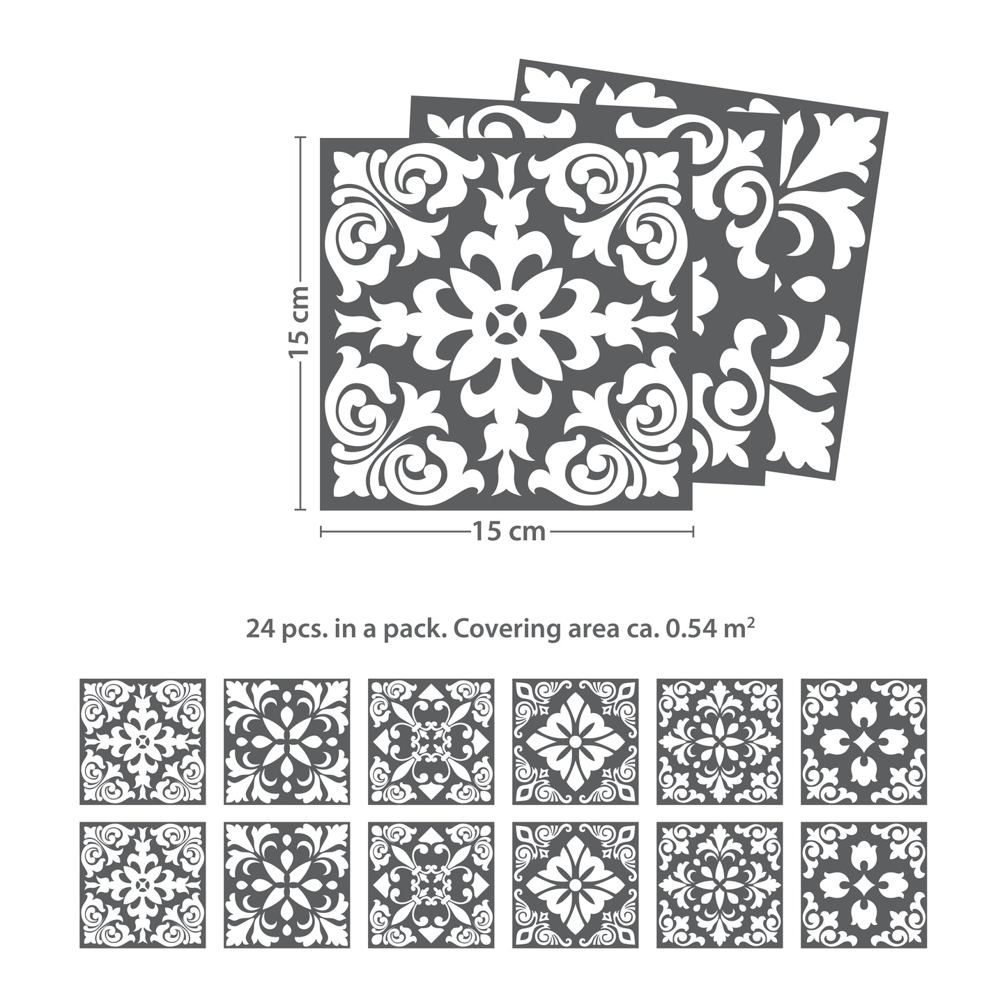 WT1542 - Dark Grey Spanish Renaissance Tiles Wall Stickers - 15 cm x 15 cm - 24 pcs