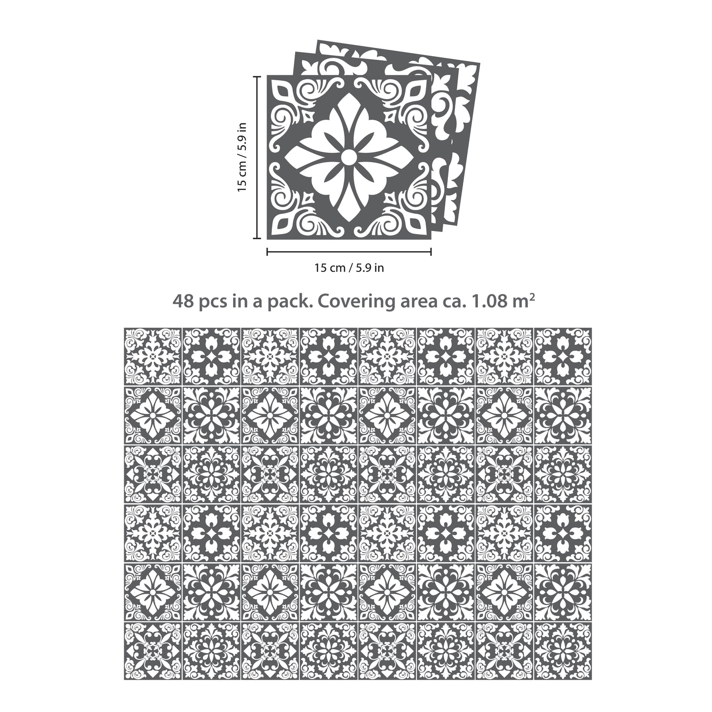 WT1542 - Dark Grey Spanish Renaissance Tiles Wall Stickers - 15 cm x 15 cm - 24 pcs
