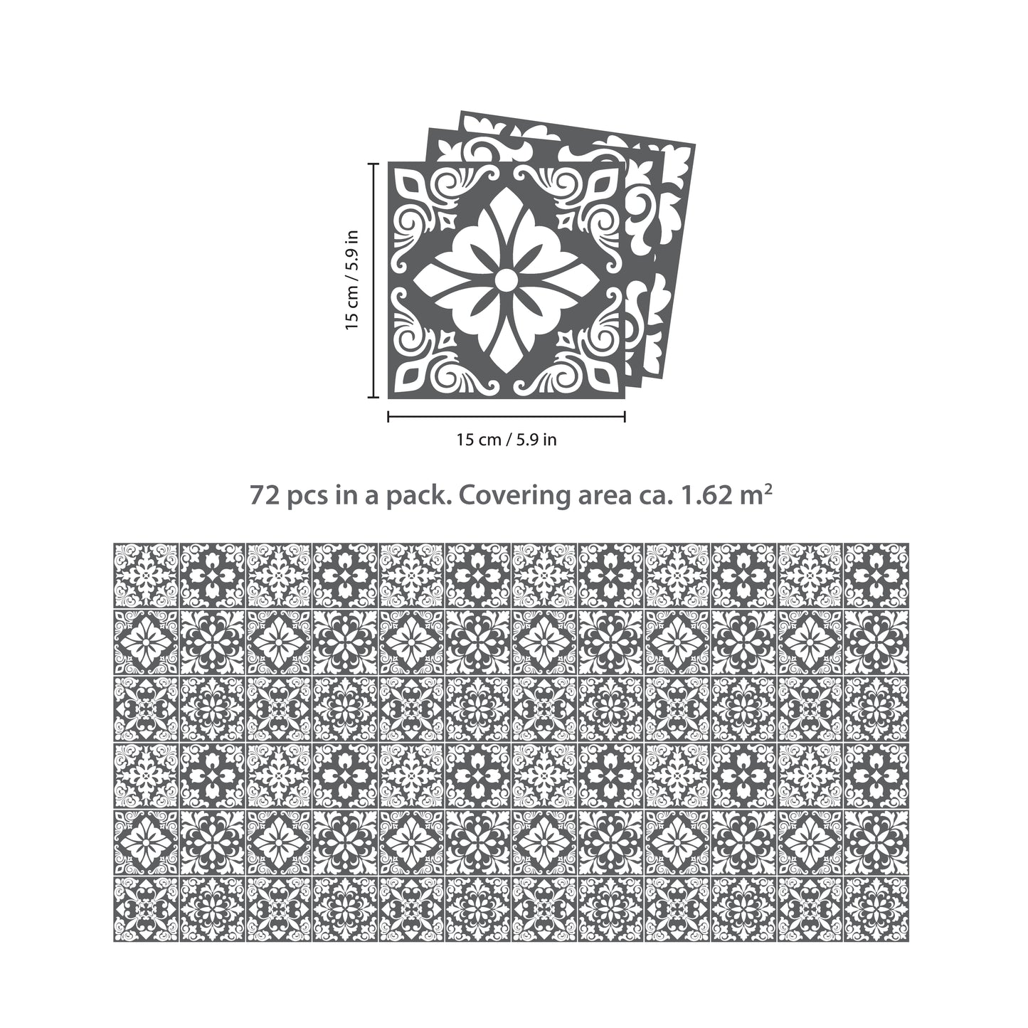WT1542 - Dark Grey Spanish Renaissance Tiles Wall Stickers - 15 cm x 15 cm - 24 pcs