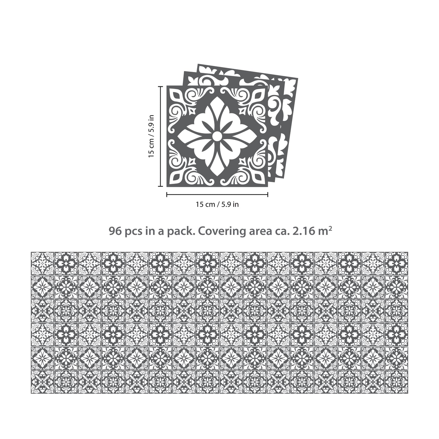 WT1542 - Dark Grey Spanish Renaissance Tiles Wall Stickers - 15 cm x 15 cm - 24 pcs