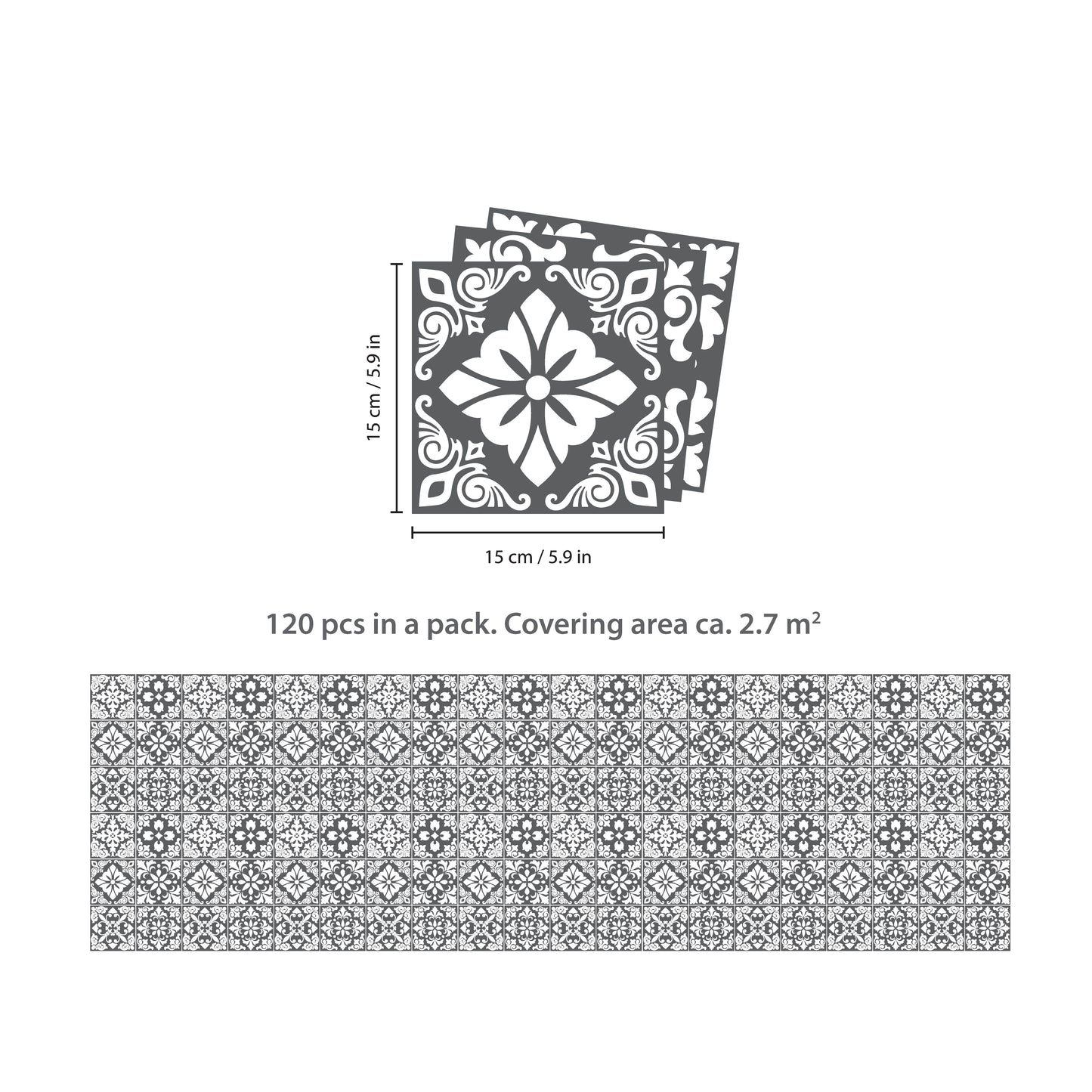 WT1542 - Dark Grey Spanish Renaissance Tiles Wall Stickers - 15 cm x 15 cm - 24 pcs