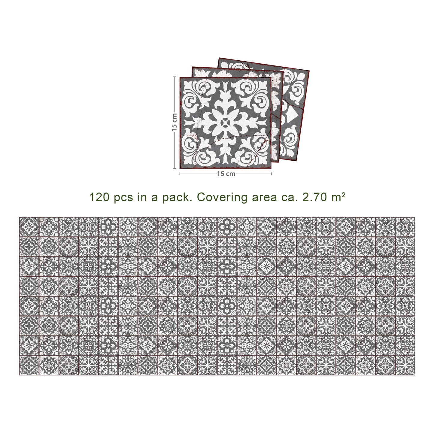 WT1543 - Vintage Cracked Design Medieval Tiles Wall Stickers - 15 cm x 15 cm - 24 pcs
