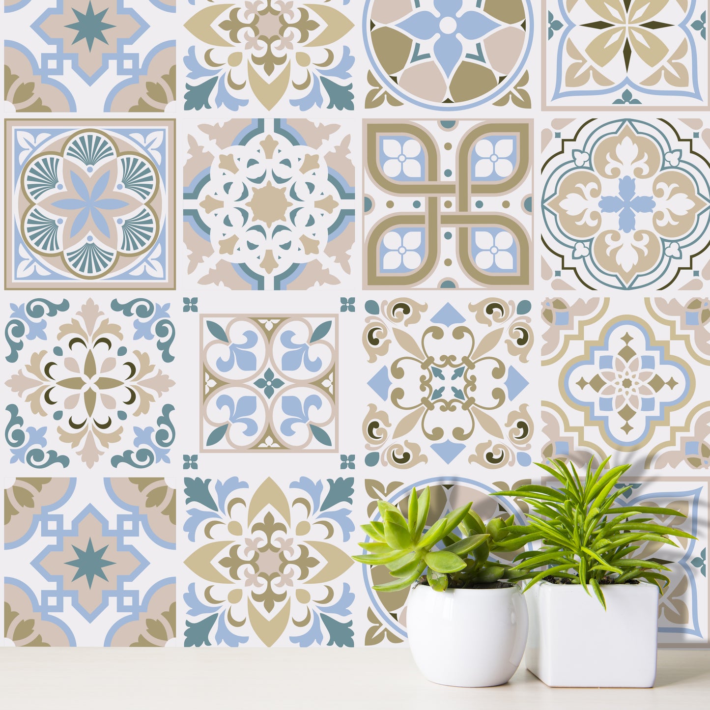 WT1544 - Light Sapphire and Parchment colour Traditional Spanish Tiles Wall Stickers - 15 cm x 15 cm - 24 pcs
