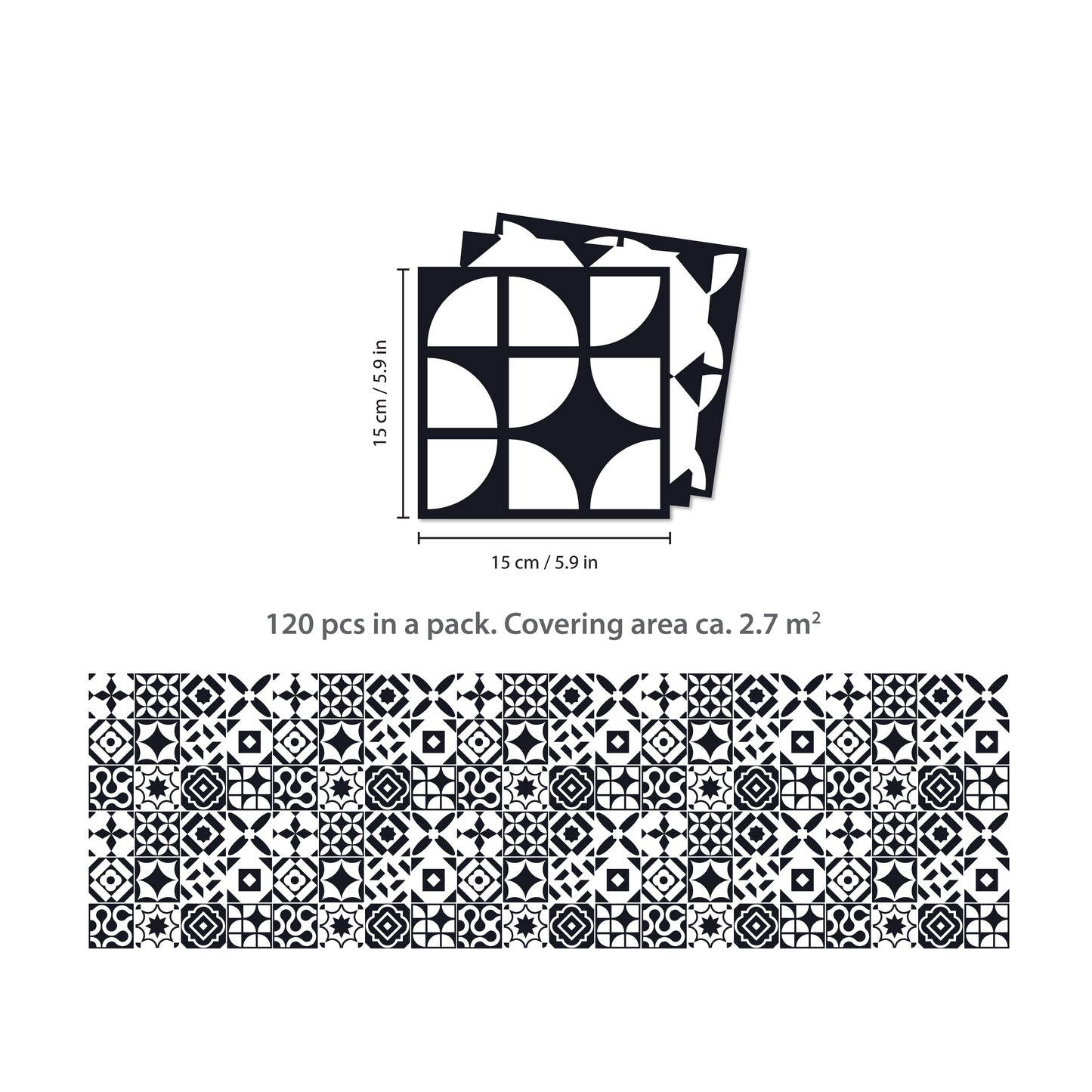 WT1545 - Ross Black and White Wall Tile Sticker Set - 15 cm x 15 cm - 24 pcs