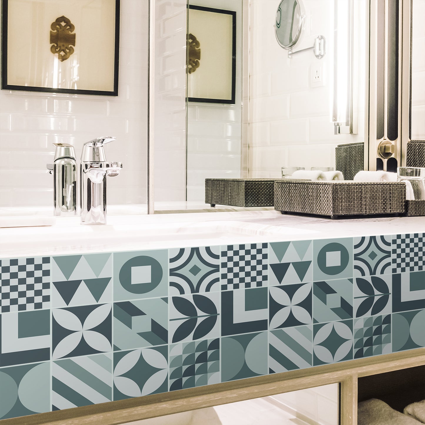 WT1552 - Melvin Blue Grey Geometric Retro Tile Sticker Set - 15 cm x 15 cm - 24 pcs