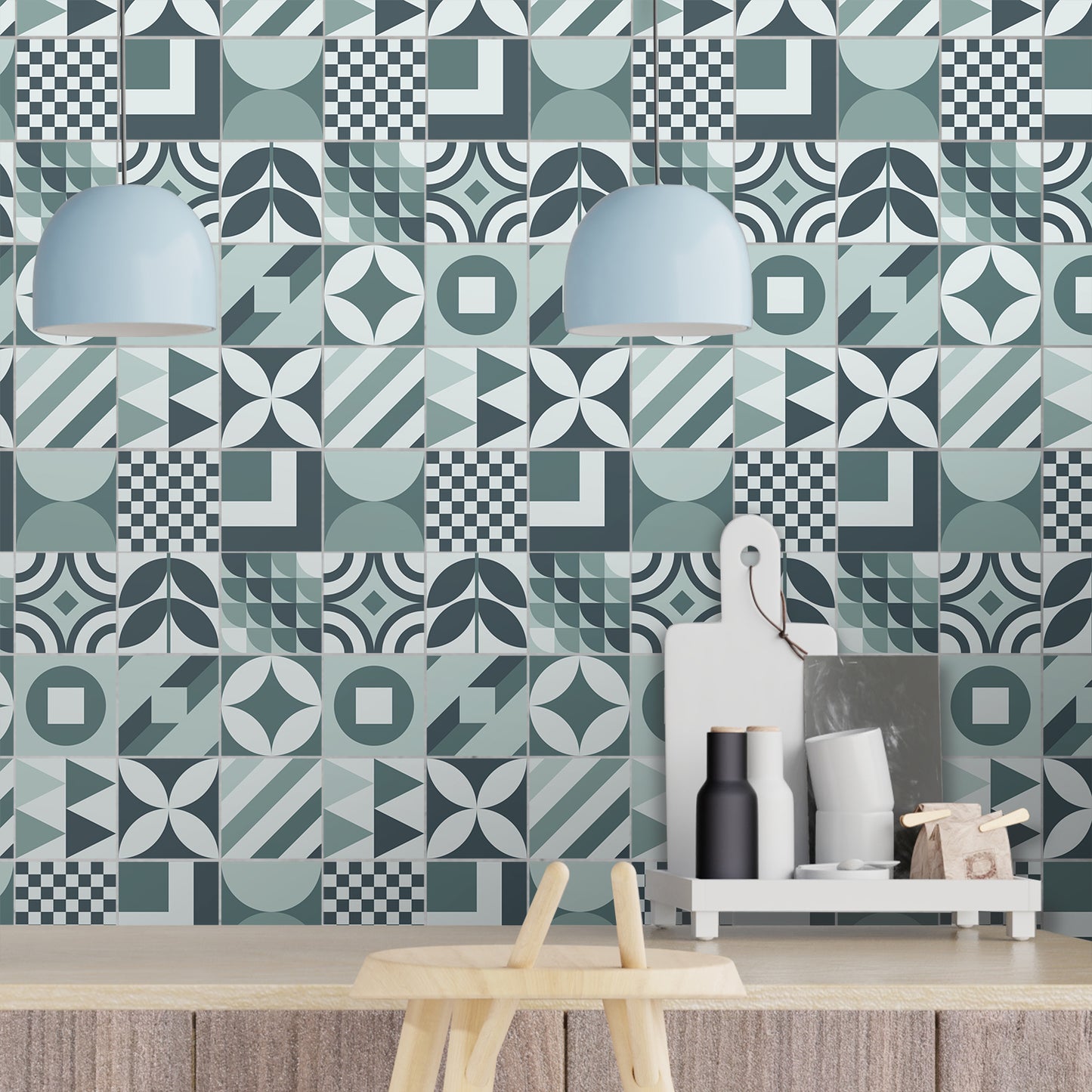 WT1552 - Melvin Blue Grey Geometric Retro Tile Sticker Set - 15 cm x 15 cm - 24 pcs