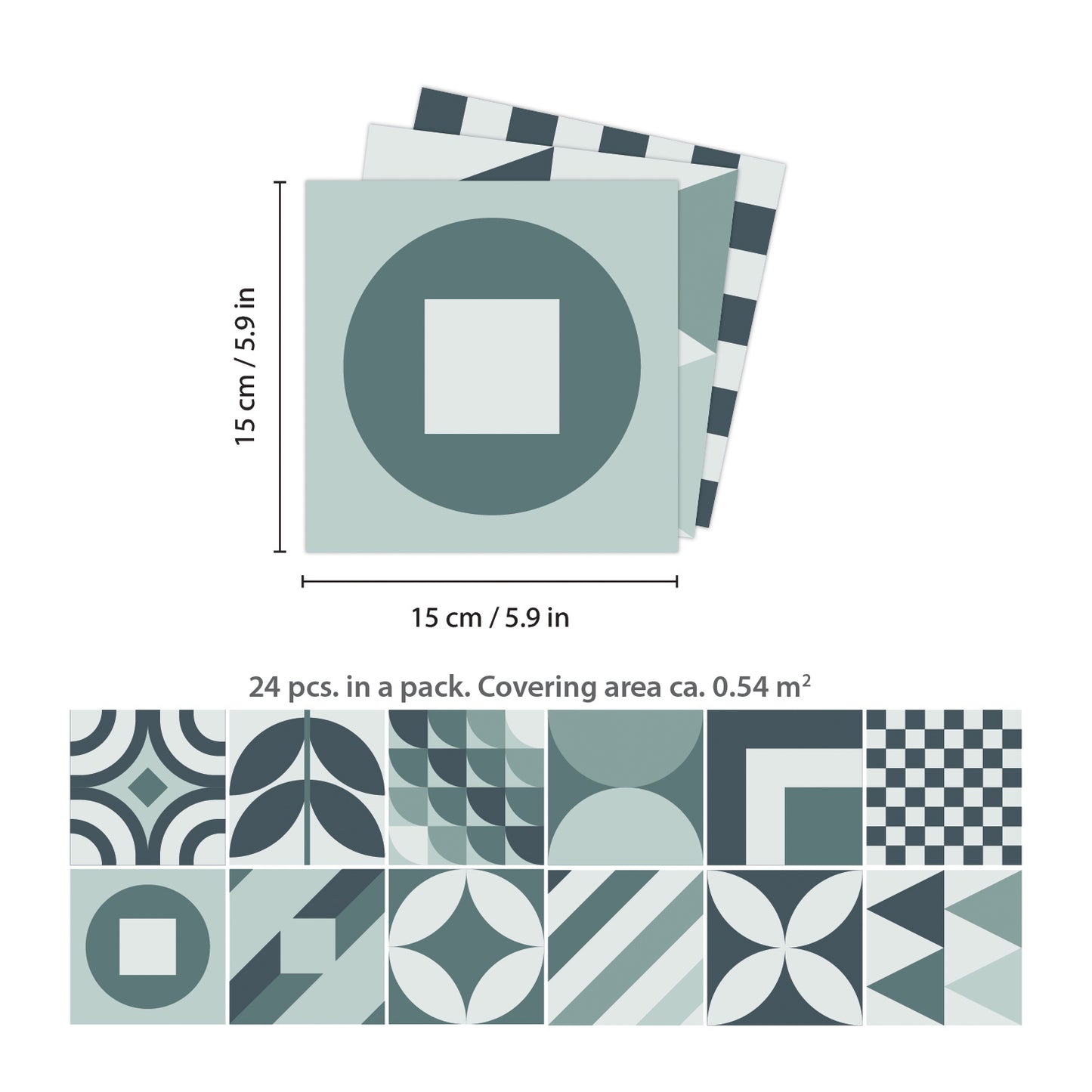 WT1552 - Melvin Blue Grey Geometric Retro Tile Sticker Set - 15 cm x 15 cm - 24 pcs