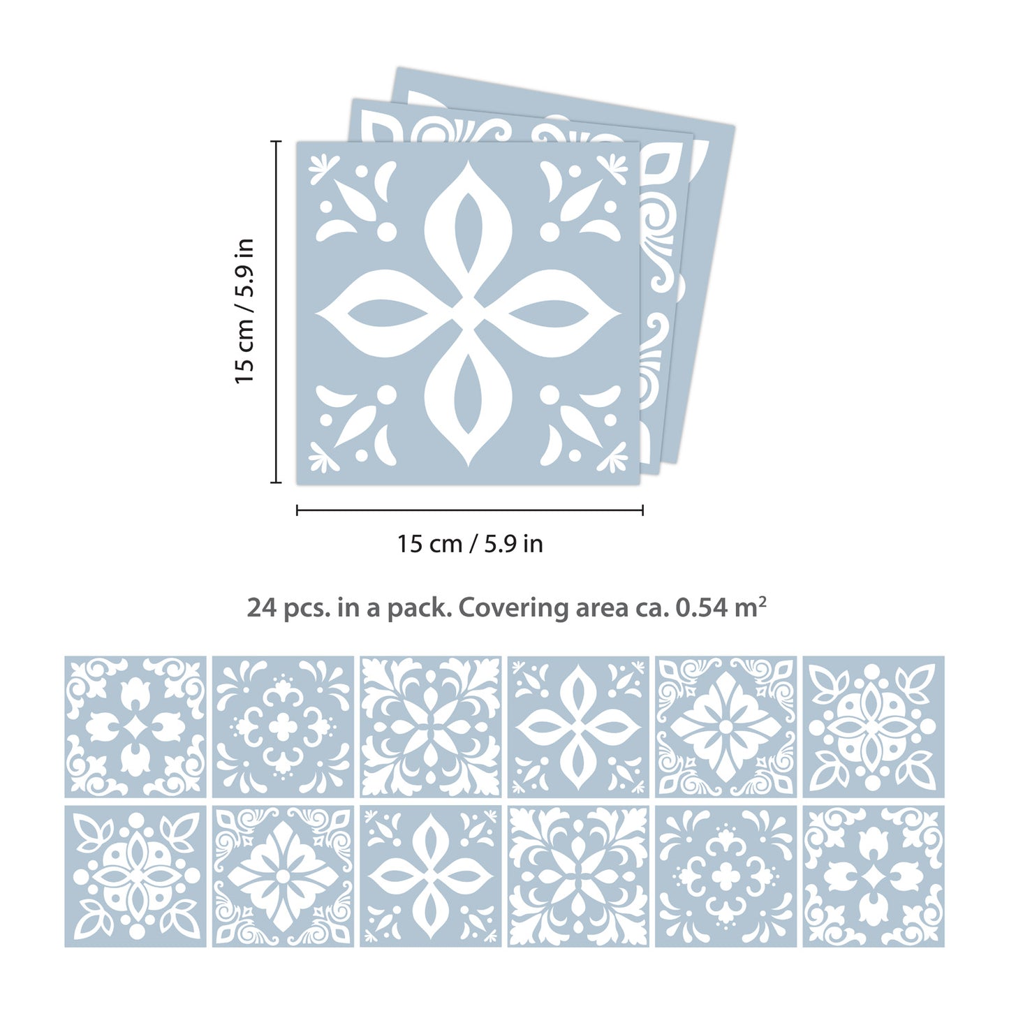 WT1555 - Triana Blue Grey Cemente Spanish Wall Tile Sticker Set - 15 cm x 15 cm - 24 pcs