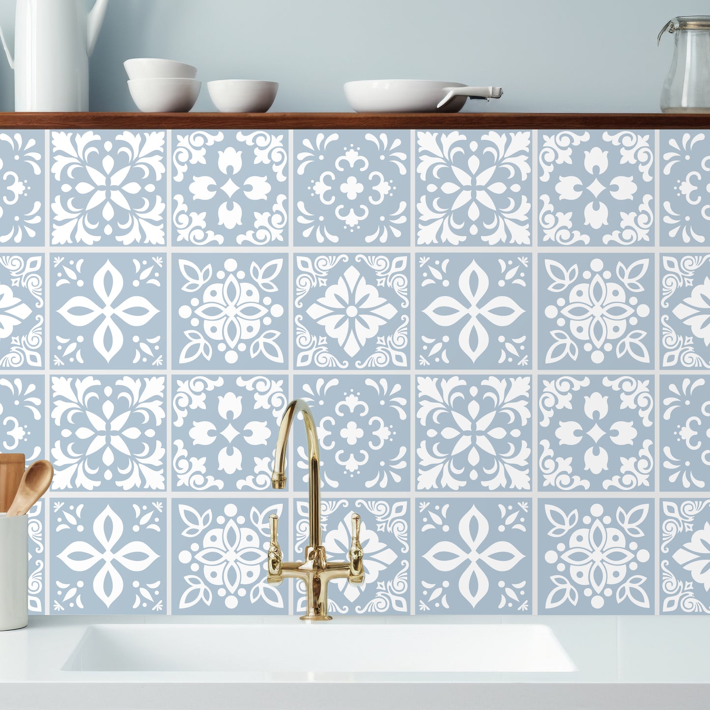 WT1555 - Triana Blue Grey Cemente Spanish Wall Tile Sticker Set - 15 cm x 15 cm - 24 pcs
