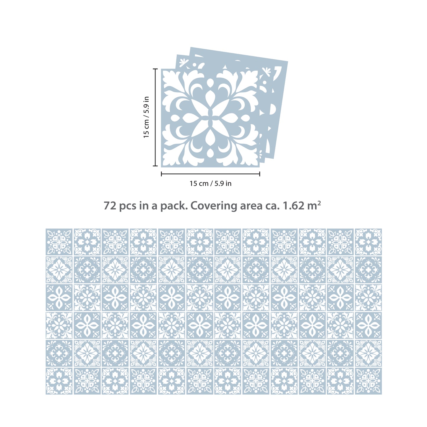 WT1555 - Triana Blue Grey Cemente Spanish Wall Tile Sticker Set - 15 cm x 15 cm - 24 pcs