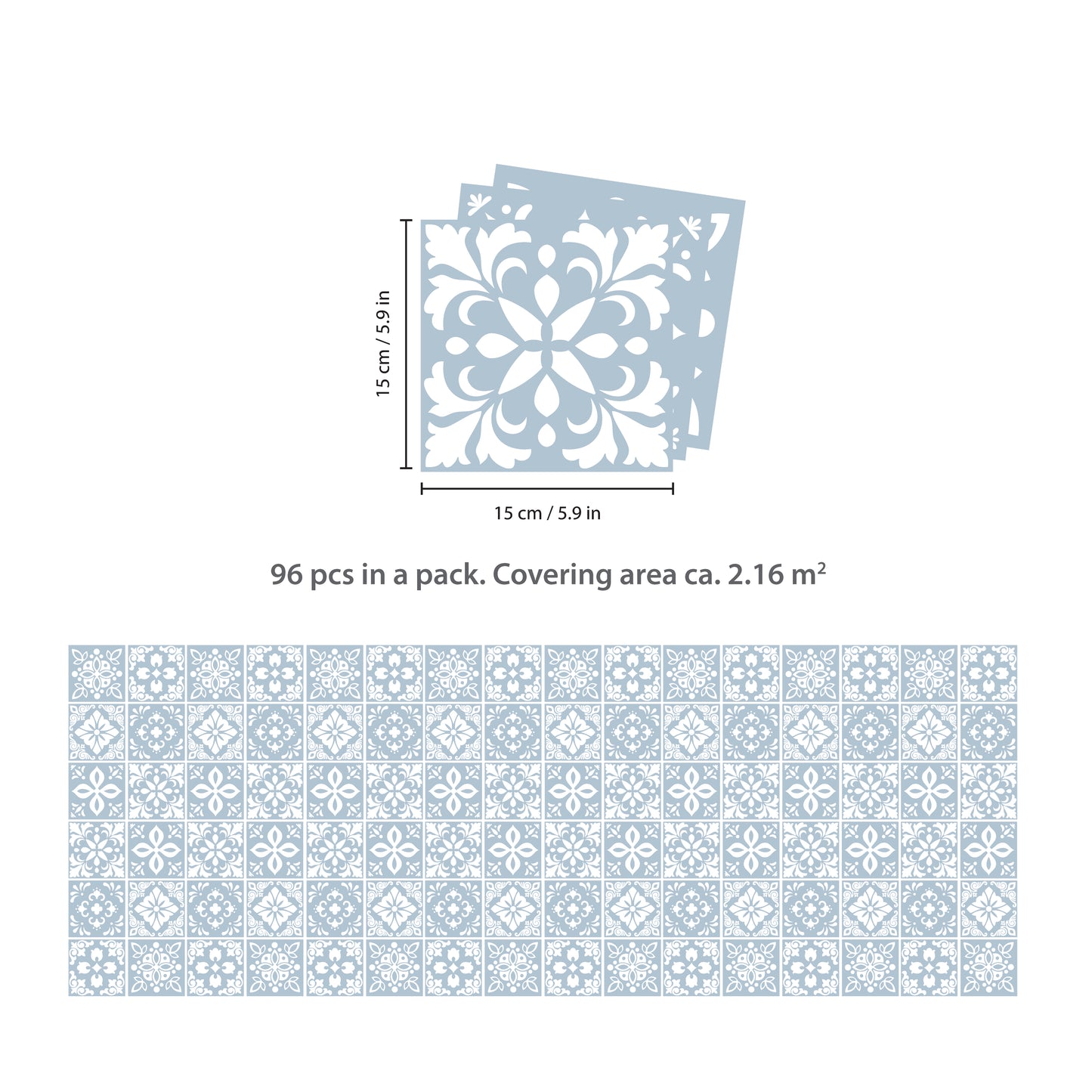 WT1555 - Triana Blue Grey Cemente Spanish Wall Tile Sticker Set - 15 cm x 15 cm - 24 pcs