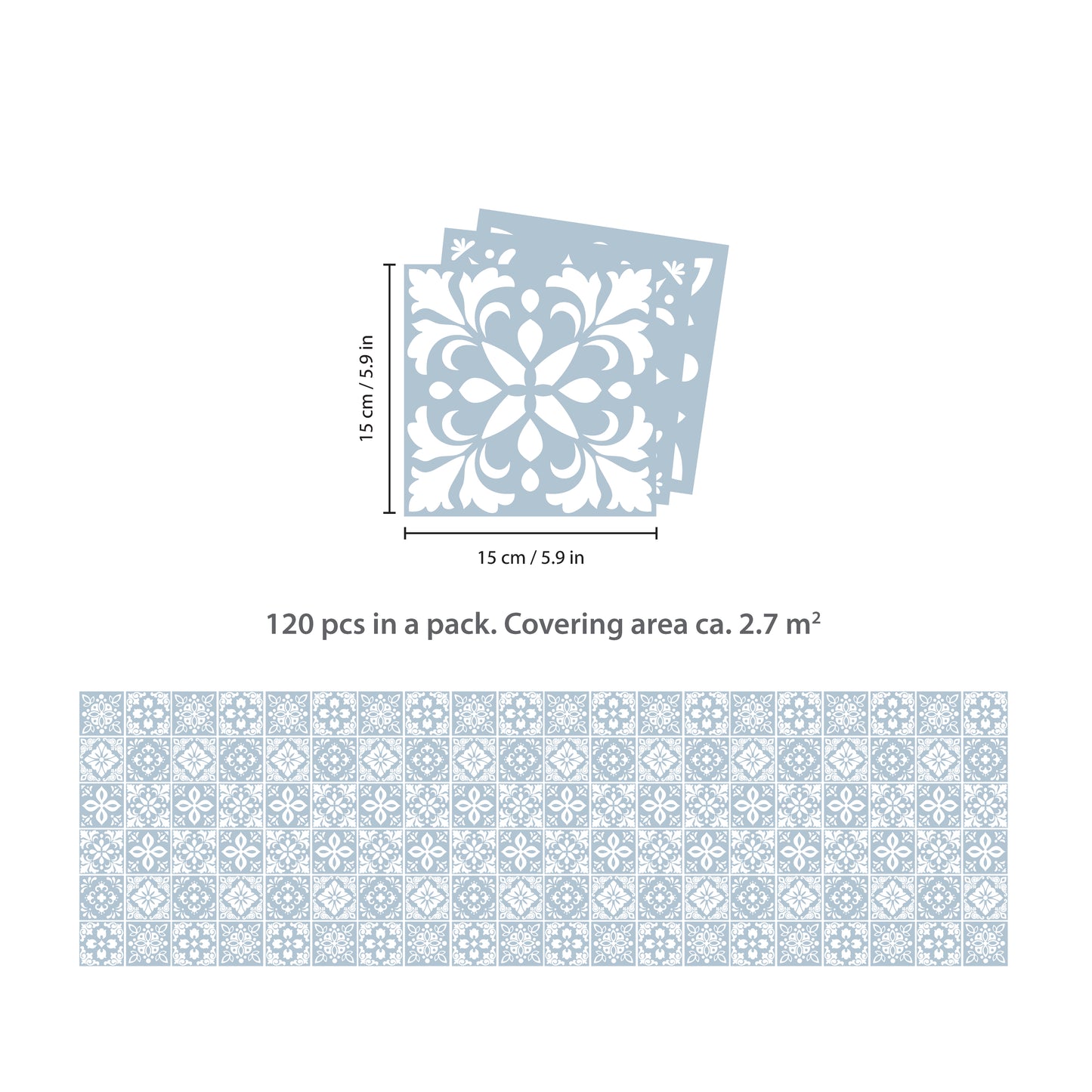 WT1555 - Triana Blue Grey Cemente Spanish Wall Tile Sticker Set - 15 cm x 15 cm - 24 pcs