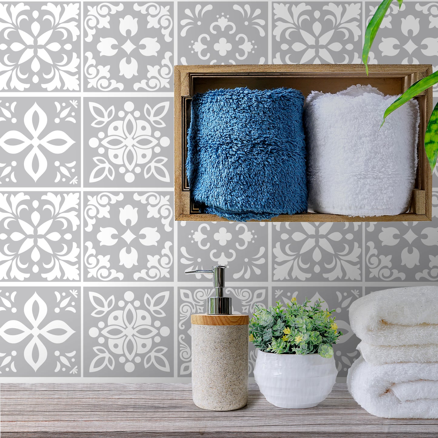 WT1556 - Andalu Light Grey Cement Spanish Wall Tile Sticker Set - 15 cm x 15 cm - 24 pcs