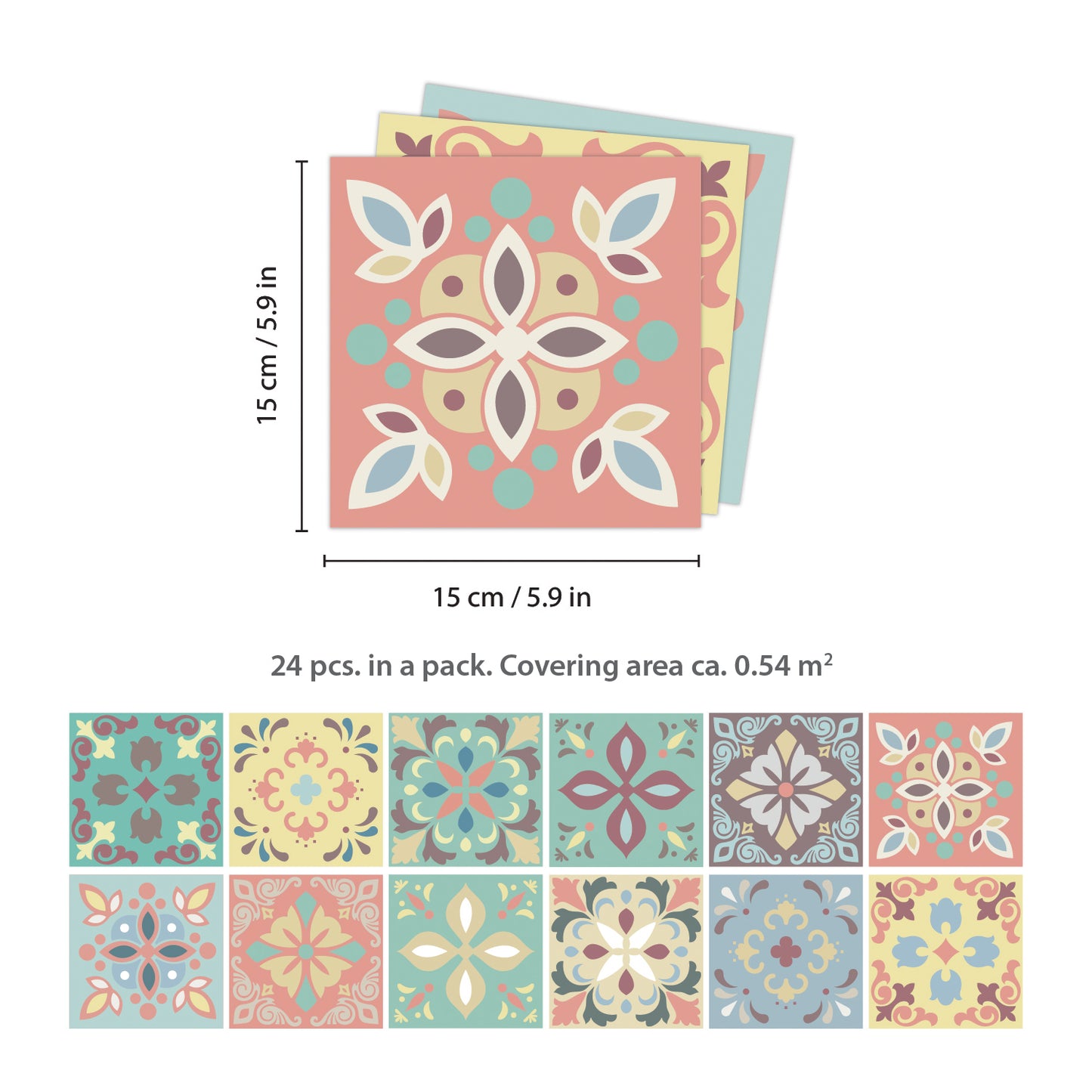 WT1558 - Marbella Colourful Spanish Wall Tile Sticker Set - 15 cm x 15 cm - 24 pcs