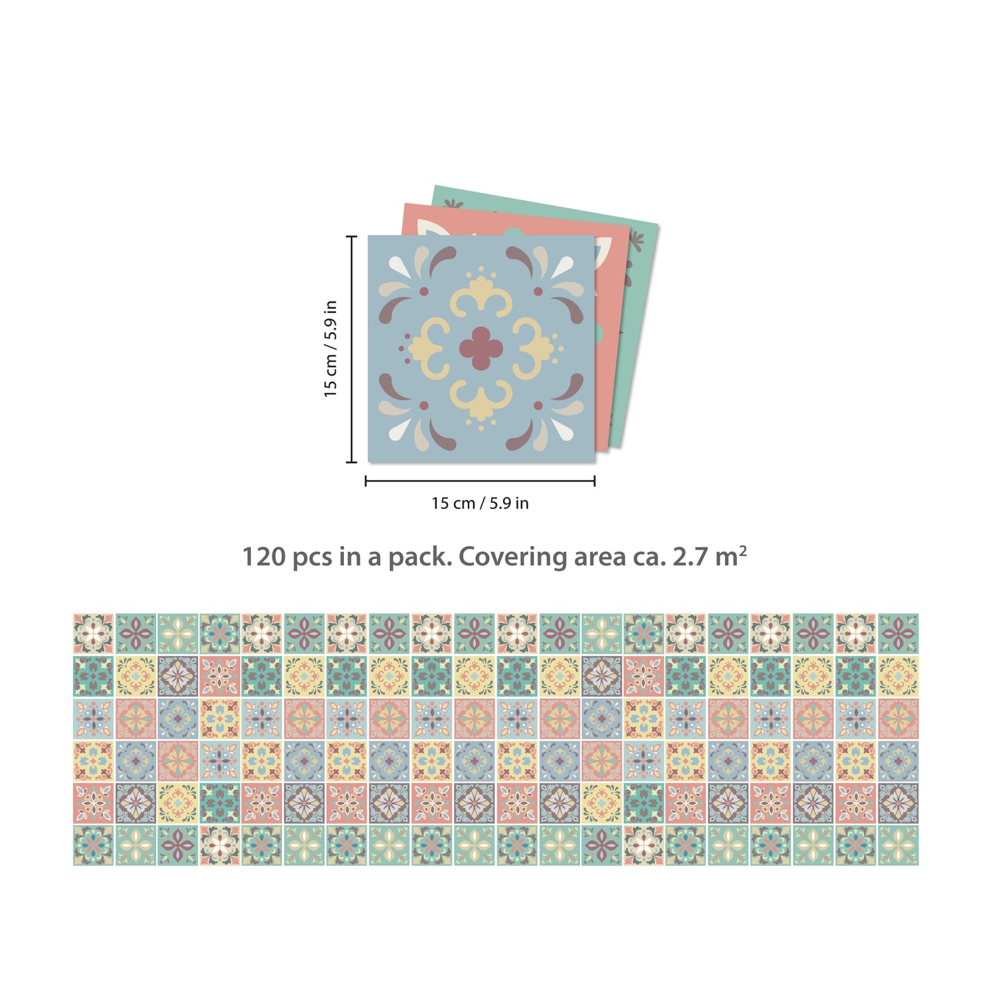 WT1558 - Marbella Colourful Spanish Wall Tile Sticker Set - 15 cm x 15 cm - 24 pcs