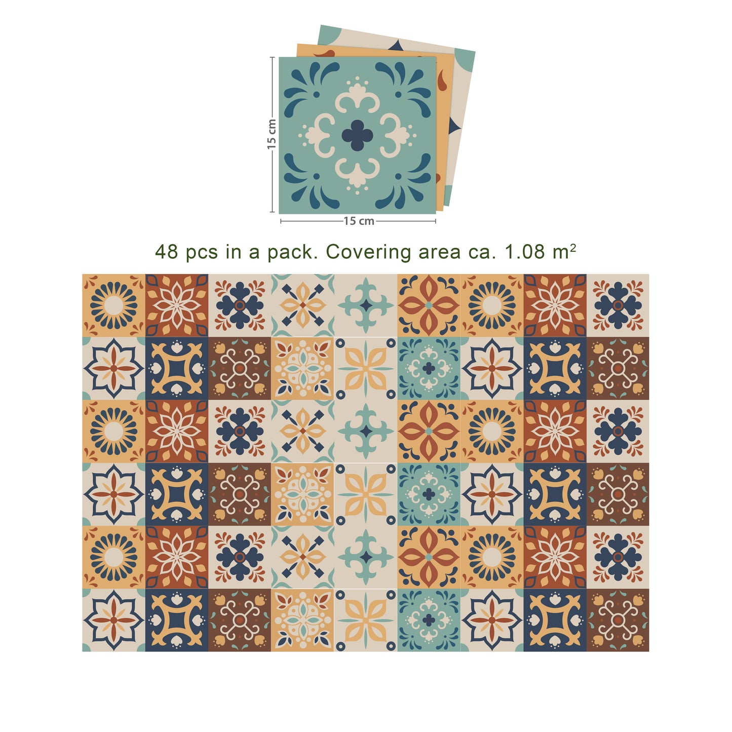 WT1561 - Jama Brown and Blue Moroccan Wall Tile Sticker Set - 15 cm x 15 cm - 24 pcs