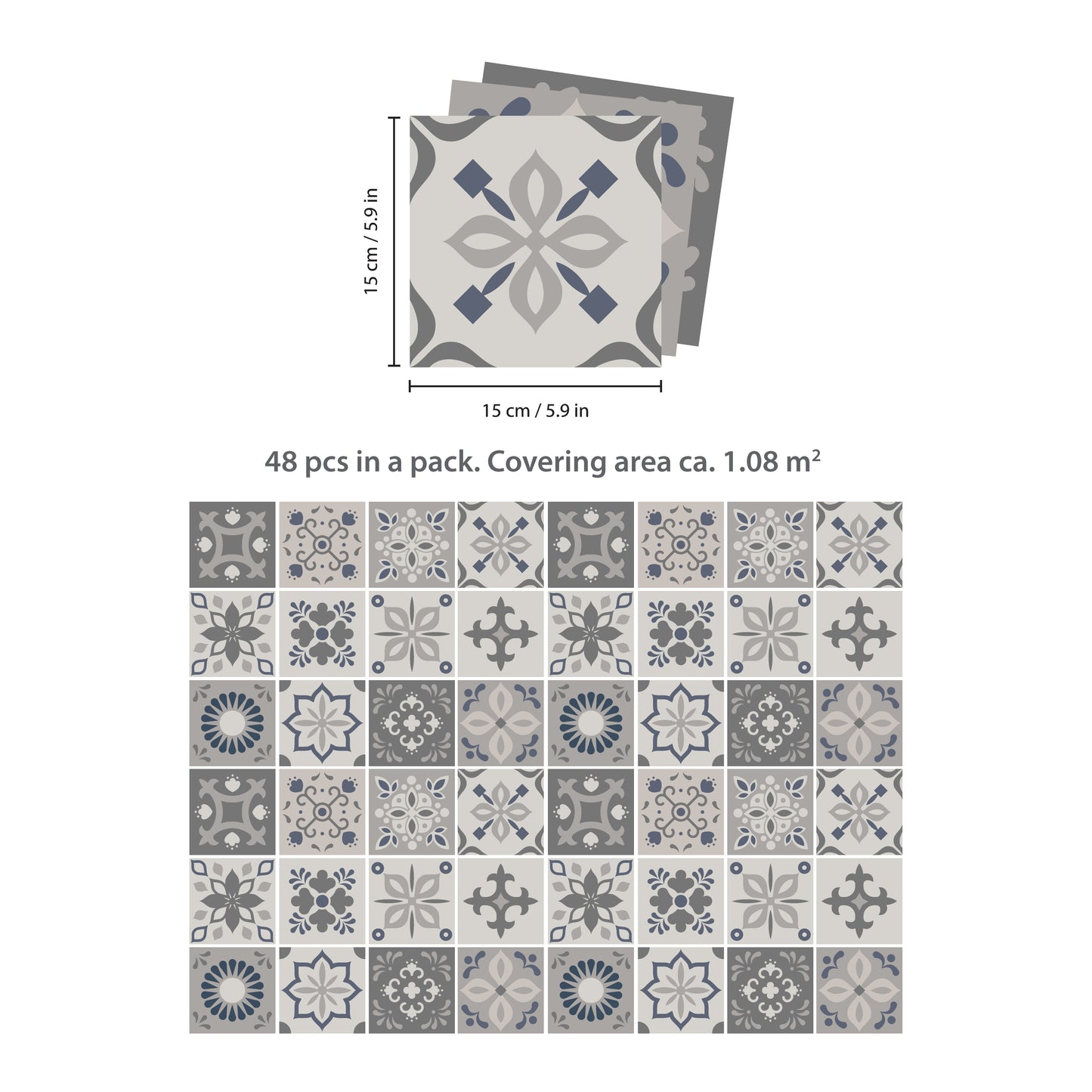 WT1563 - Palace Light Grey Moroccan Wall Tile Sticker Set - 15 cm x 15 cm - 24 pcs