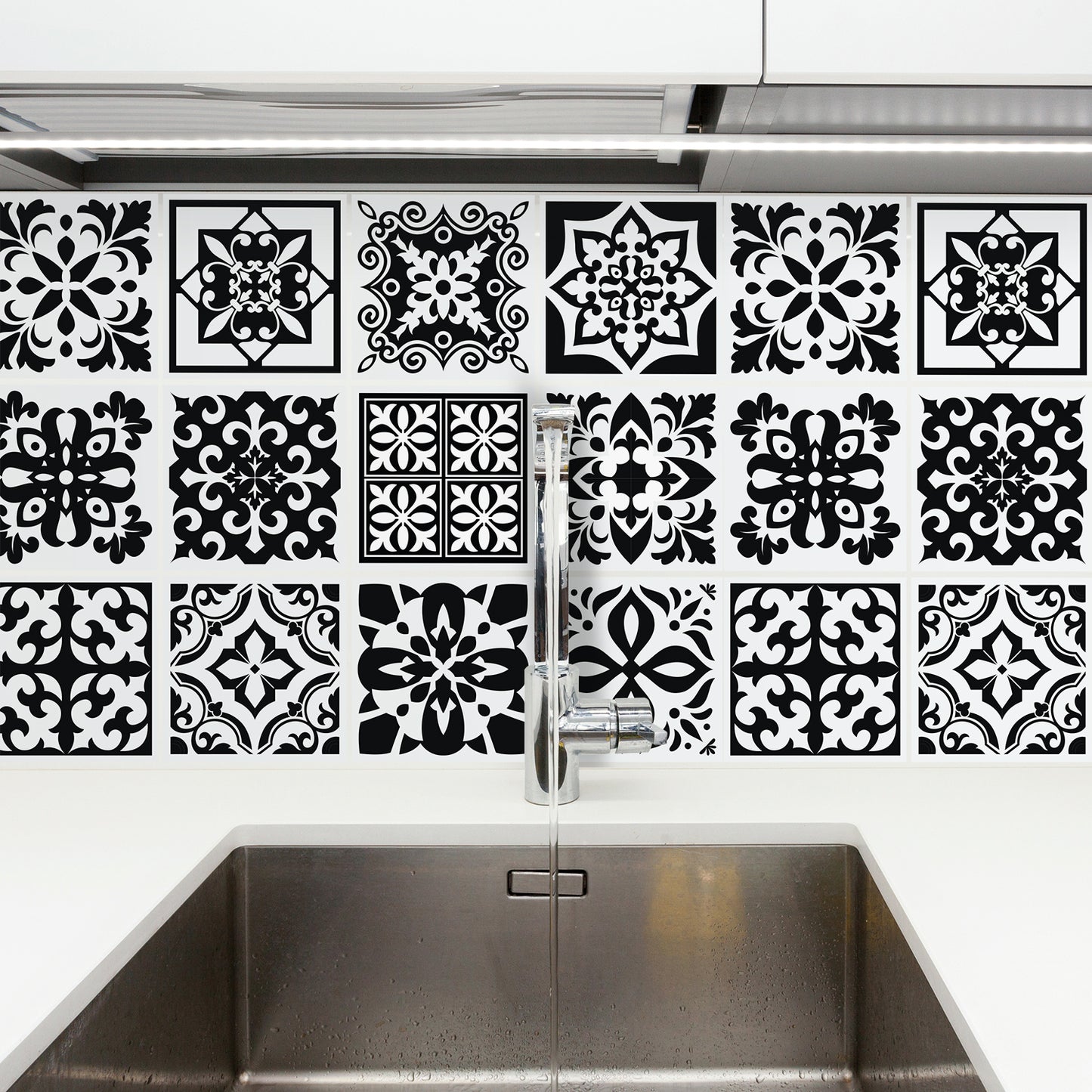 WT1566 - Calli Black and White Mediterranean Wall Tile Sticker Set - 15 cm x 15 cm - 24 pcs