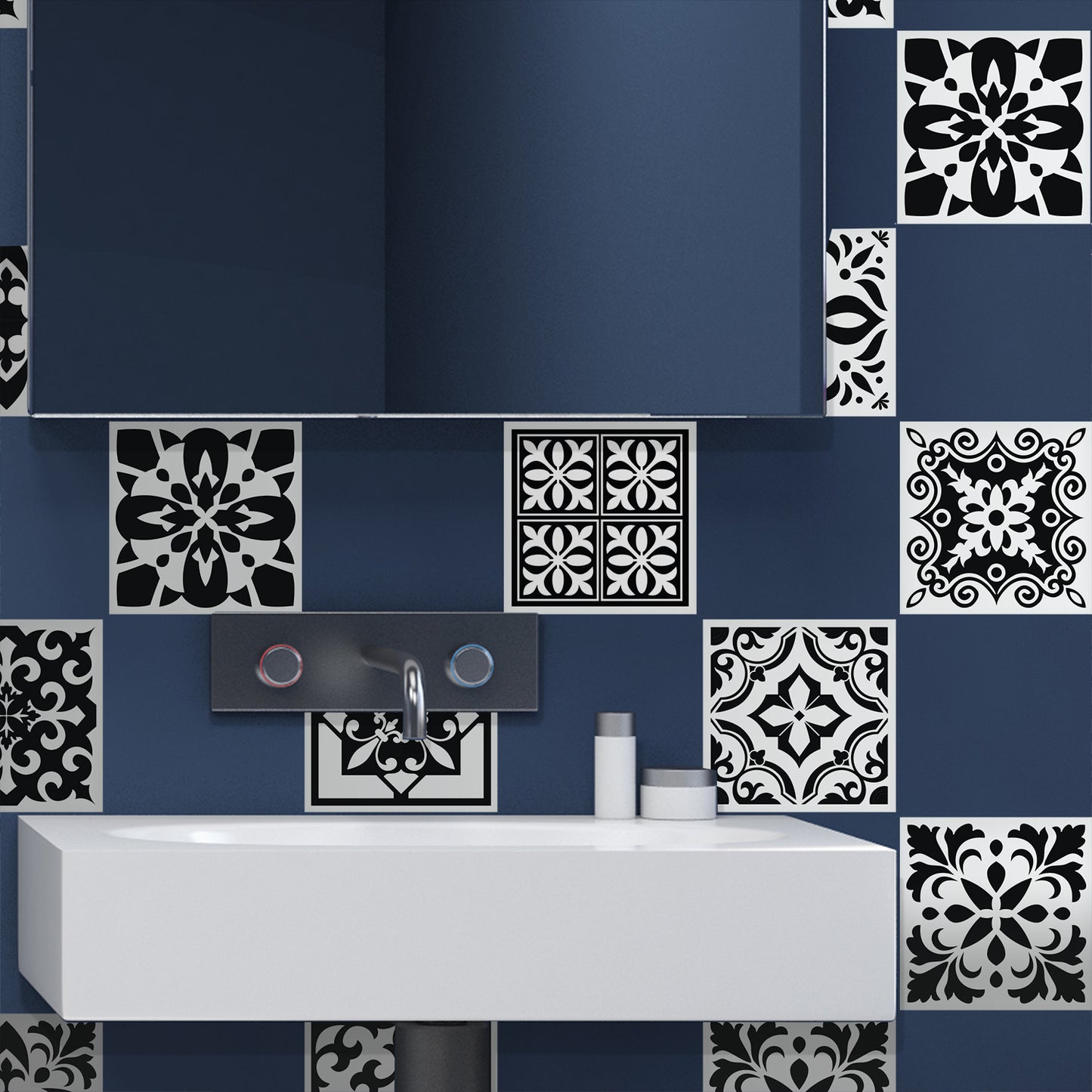 WT1566 - Calli Black and White Mediterranean Wall Tile Sticker Set - 15 cm x 15 cm - 24 pcs