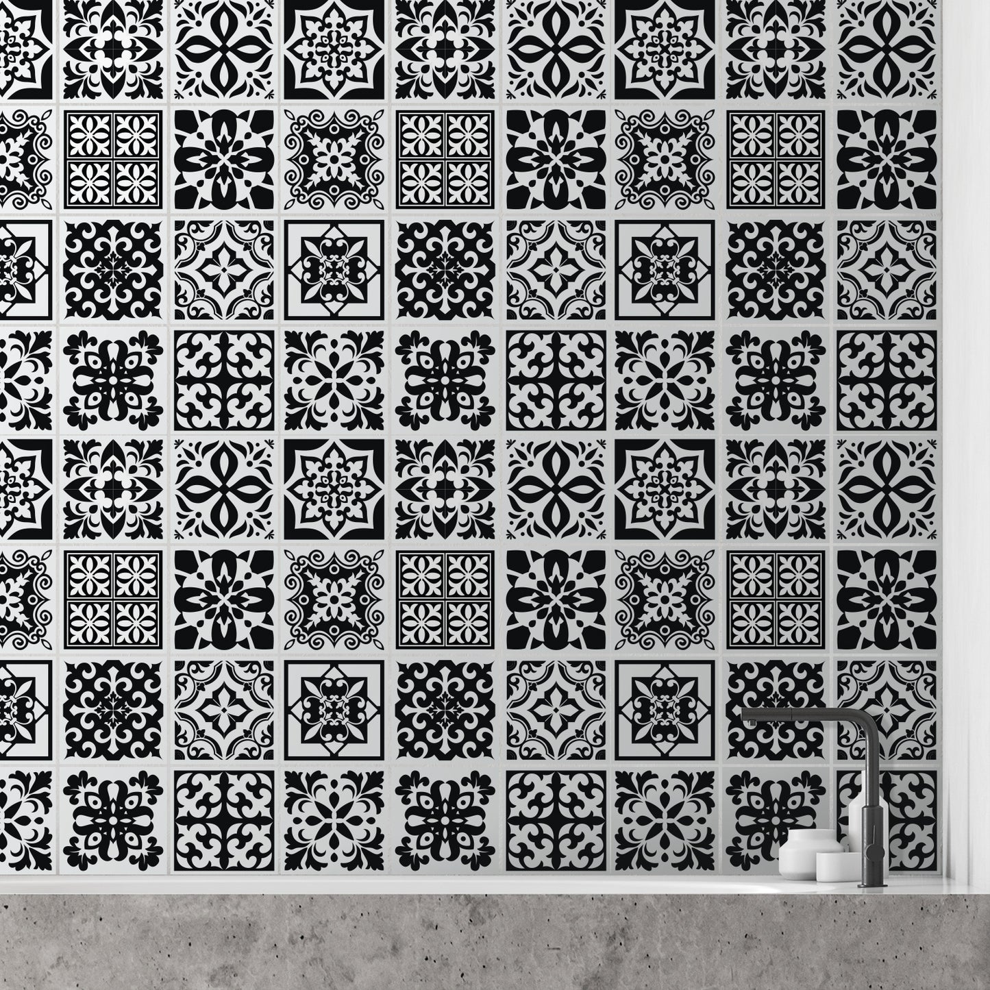 WT1566 - Calli Black and White Mediterranean Wall Tile Sticker Set - 15 cm x 15 cm - 24 pcs