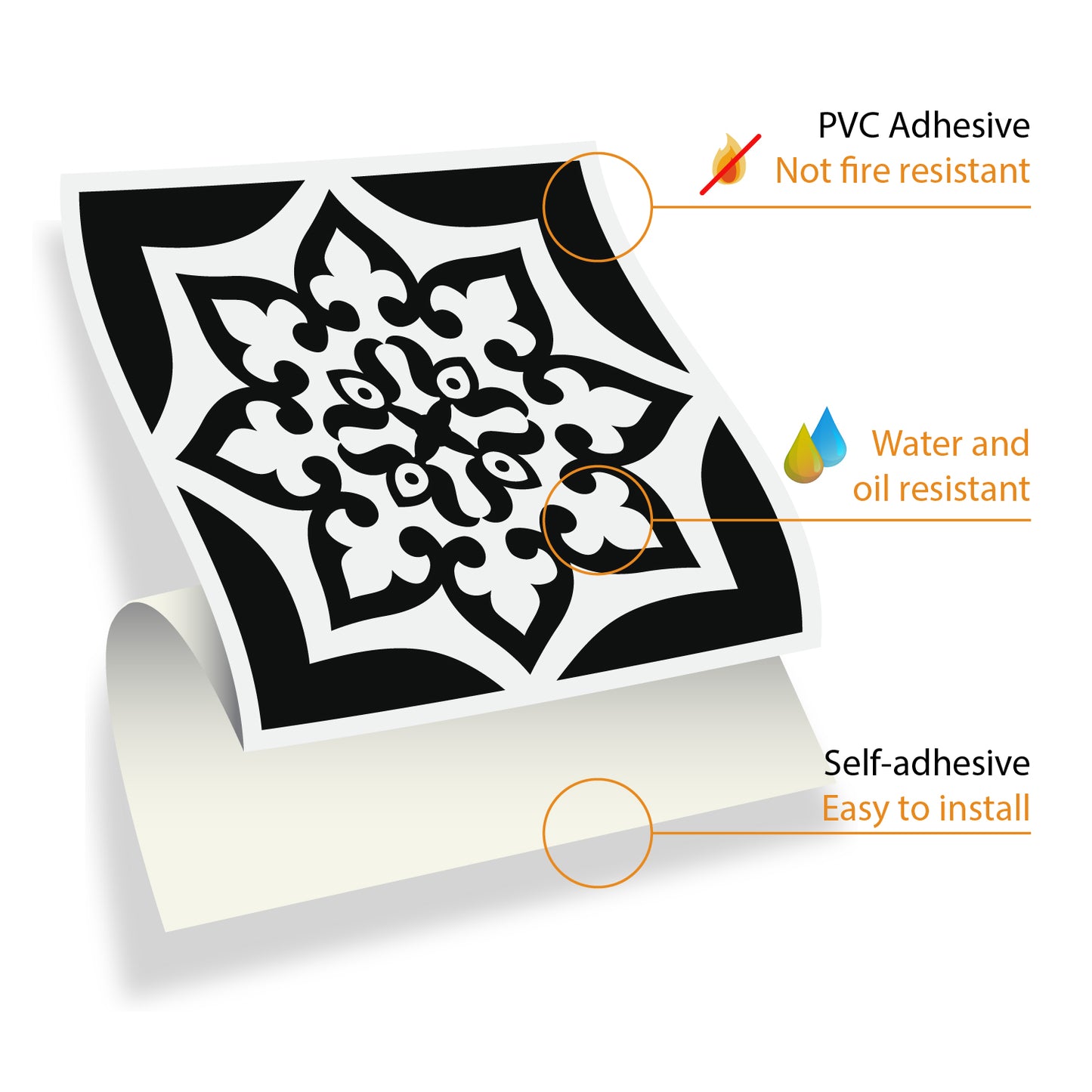 WT1566 - Calli Black and White Mediterranean Wall Tile Sticker Set - 15 cm x 15 cm - 24 pcs