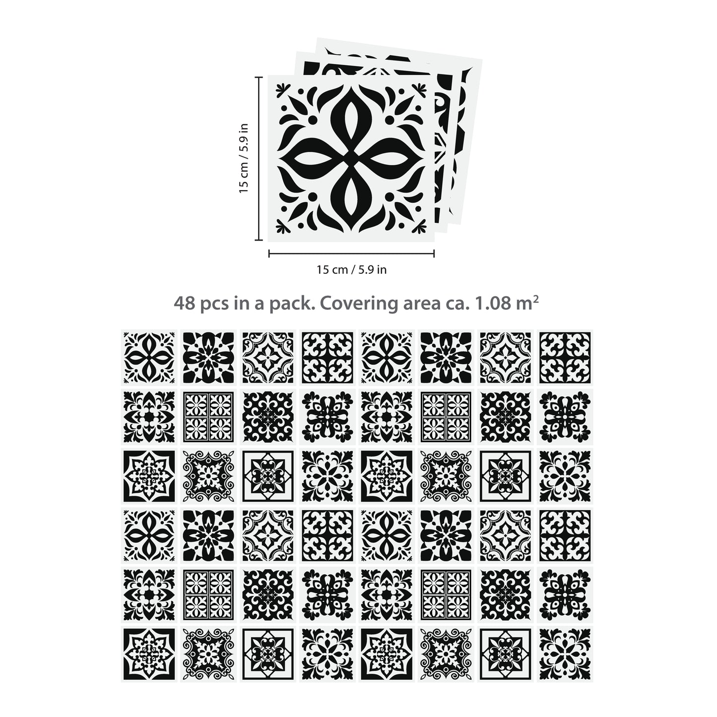 WT1566 - Calli Black and White Mediterranean Wall Tile Sticker Set - 15 cm x 15 cm - 24 pcs
