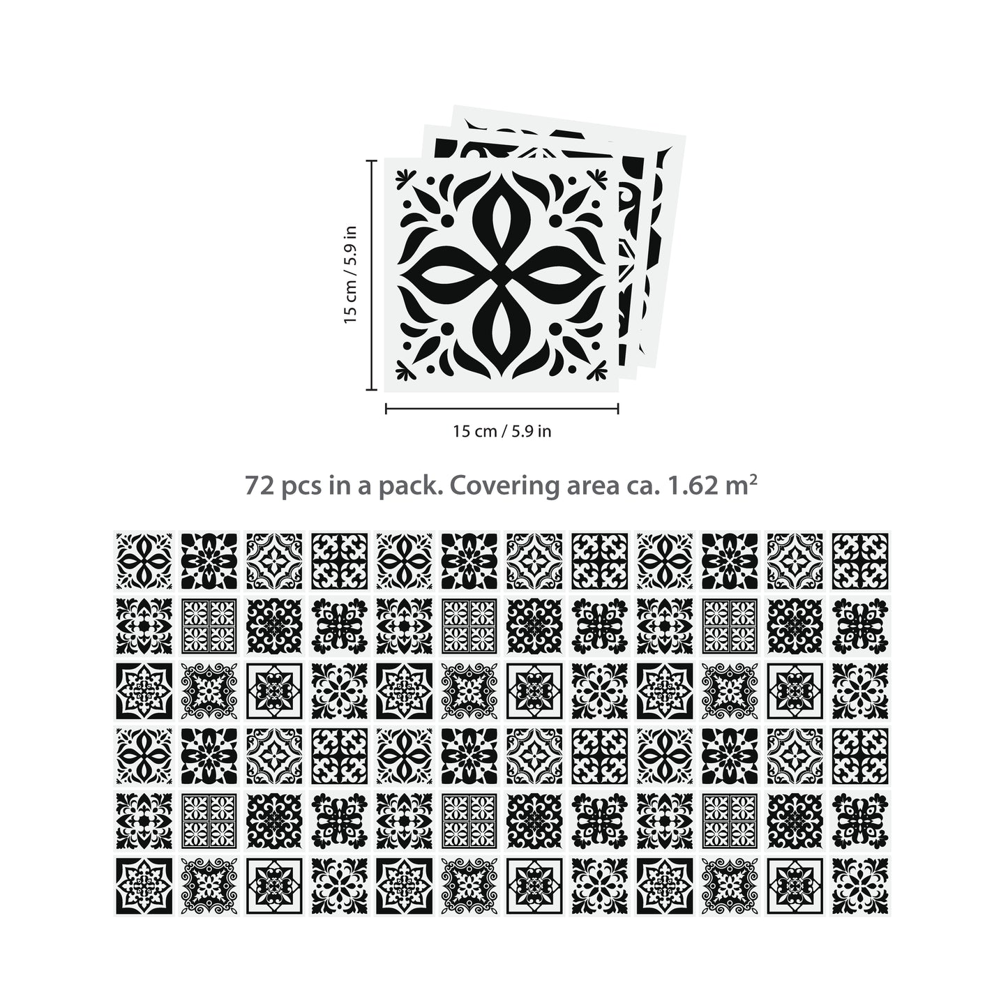 WT1566 - Calli Black and White Mediterranean Wall Tile Sticker Set - 15 cm x 15 cm - 24 pcs