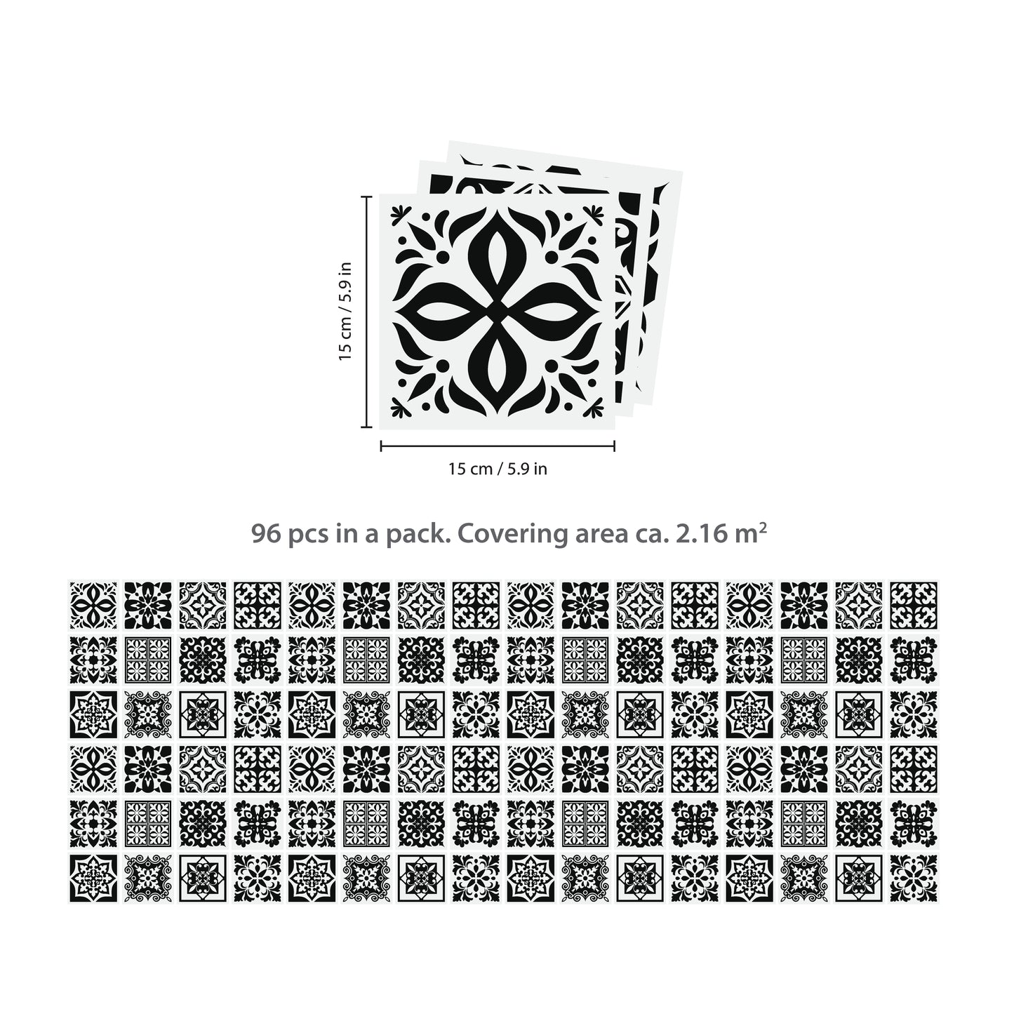 WT1566 - Calli Black and White Mediterranean Wall Tile Sticker Set - 15 cm x 15 cm - 24 pcs