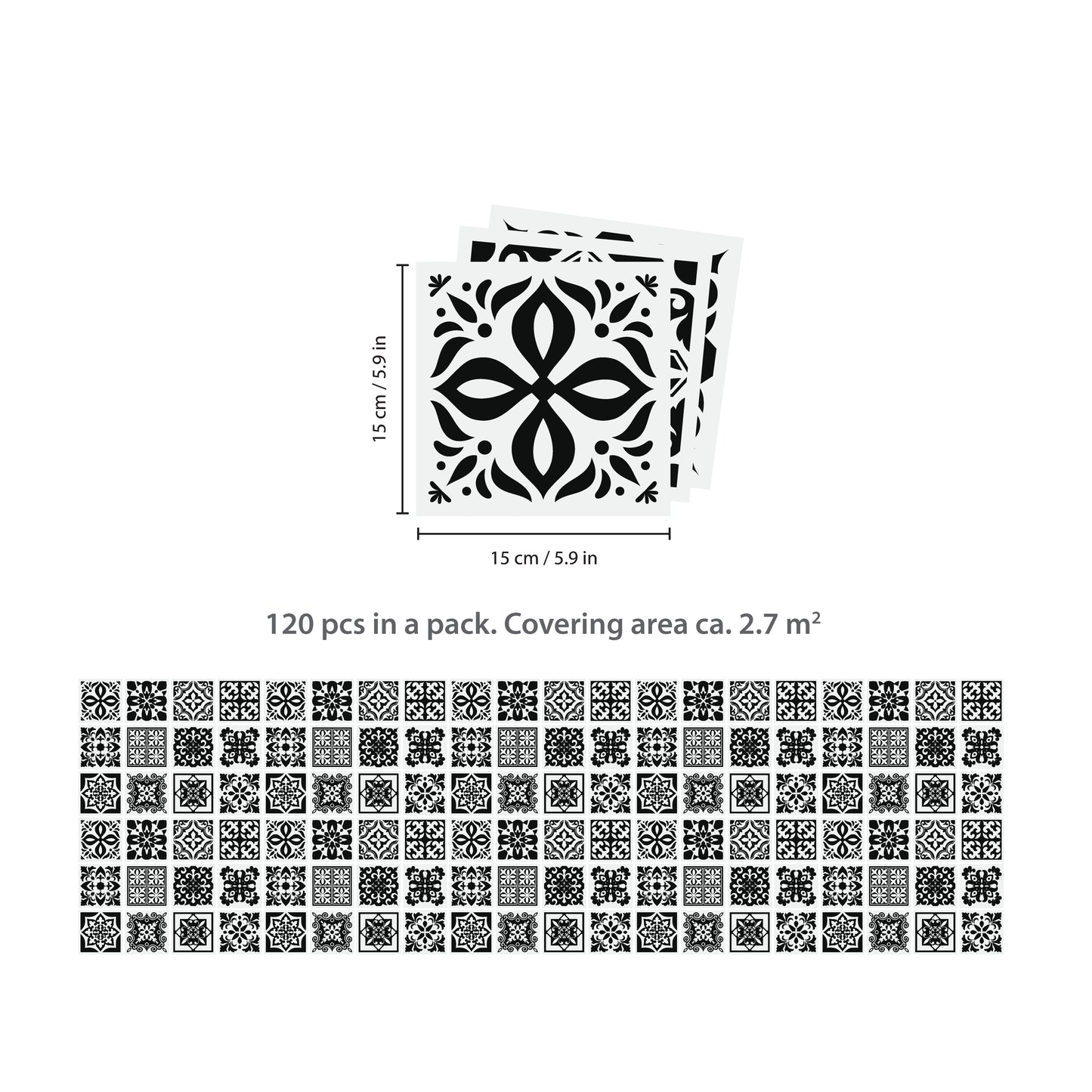 WT1566 - Calli Black and White Mediterranean Wall Tile Sticker Set - 15 cm x 15 cm - 24 pcs