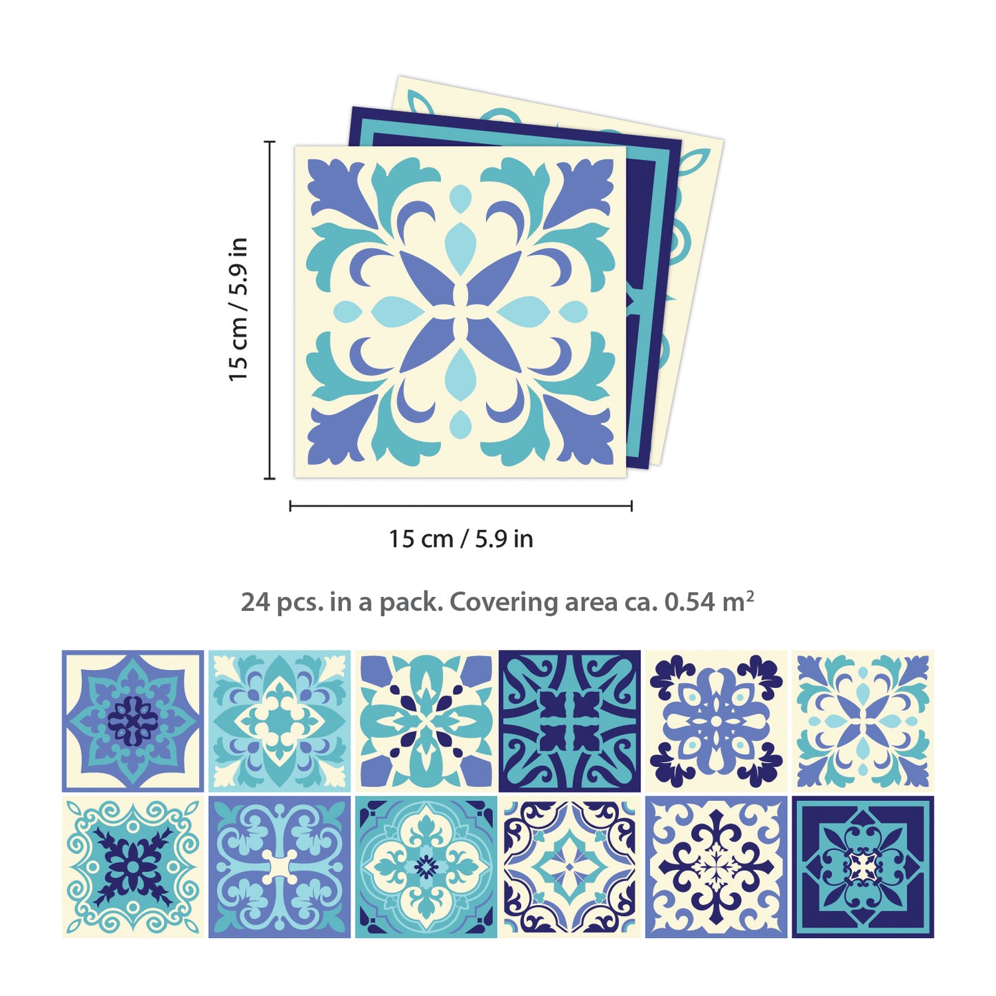 WT1567 - Daliah Blue and Turquoise Mediterranean Wall Tile Sticker Set - 15 cm x 15 cm - 24 pcs
