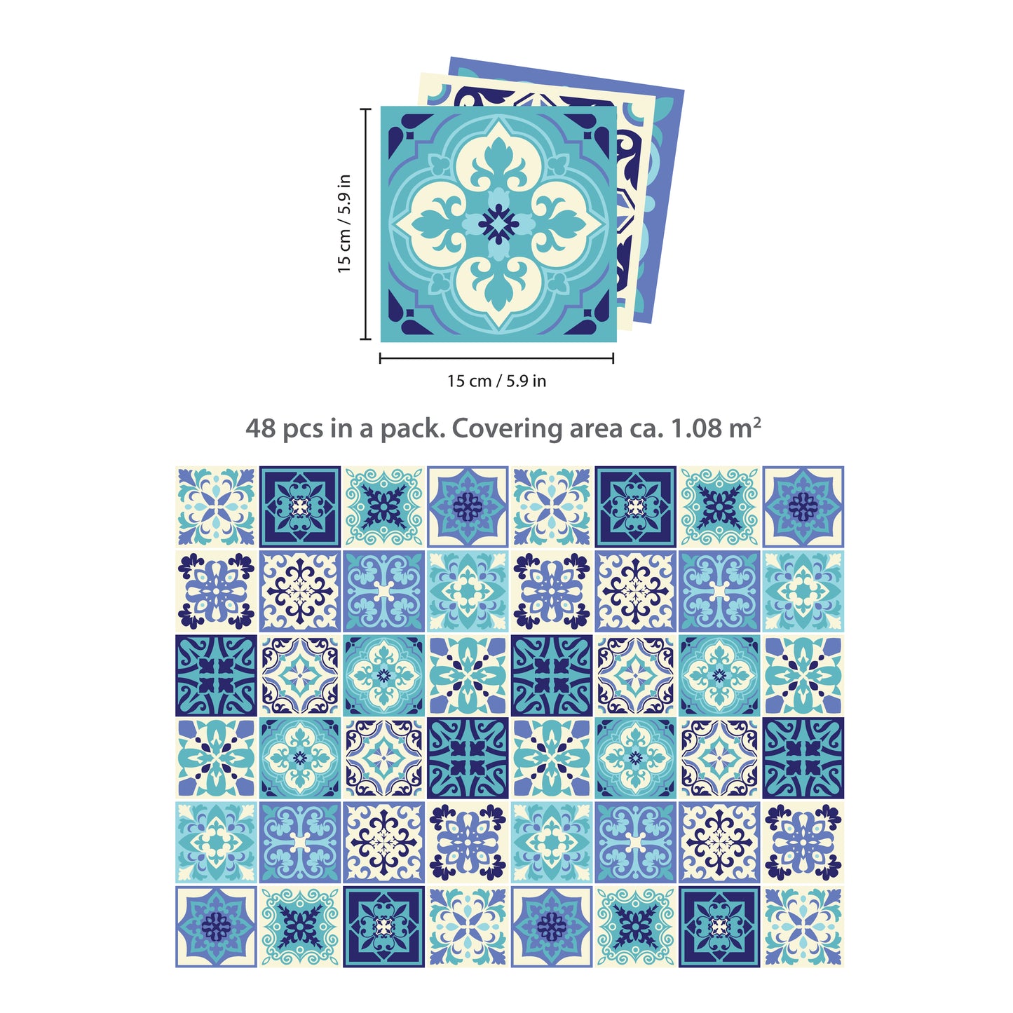 WT1567 - Daliah Blue and Turquoise Mediterranean Wall Tile Sticker Set - 15 cm x 15 cm - 24 pcs