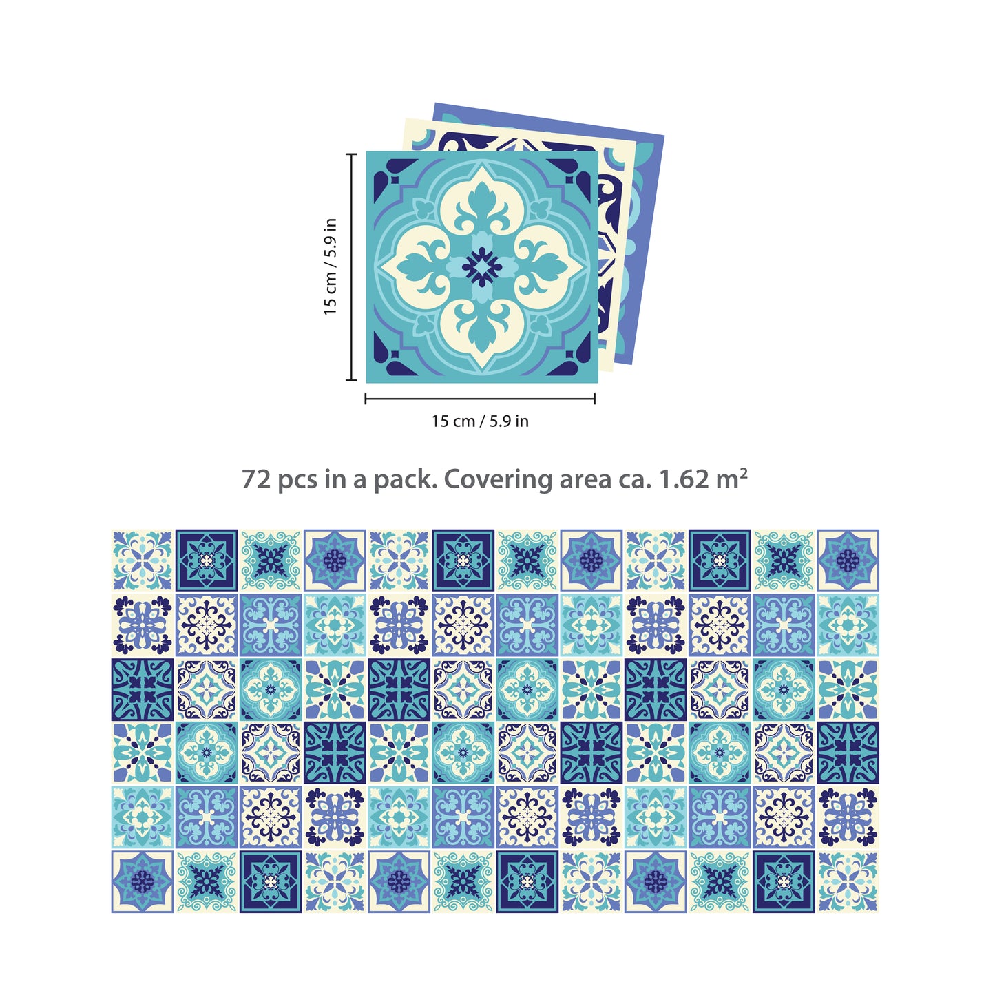 WT1567 - Daliah Blue and Turquoise Mediterranean Wall Tile Sticker Set - 15 cm x 15 cm - 24 pcs