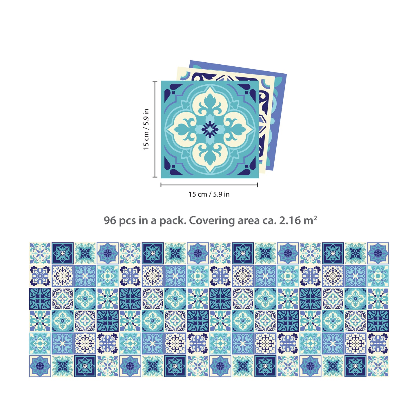 WT1567 - Daliah Blue and Turquoise Mediterranean Wall Tile Sticker Set - 15 cm x 15 cm - 24 pcs