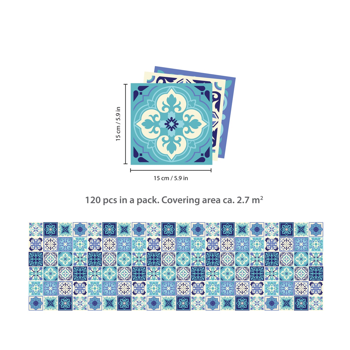 WT1567 - Daliah Blue and Turquoise Mediterranean Wall Tile Sticker Set - 15 cm x 15 cm - 24 pcs