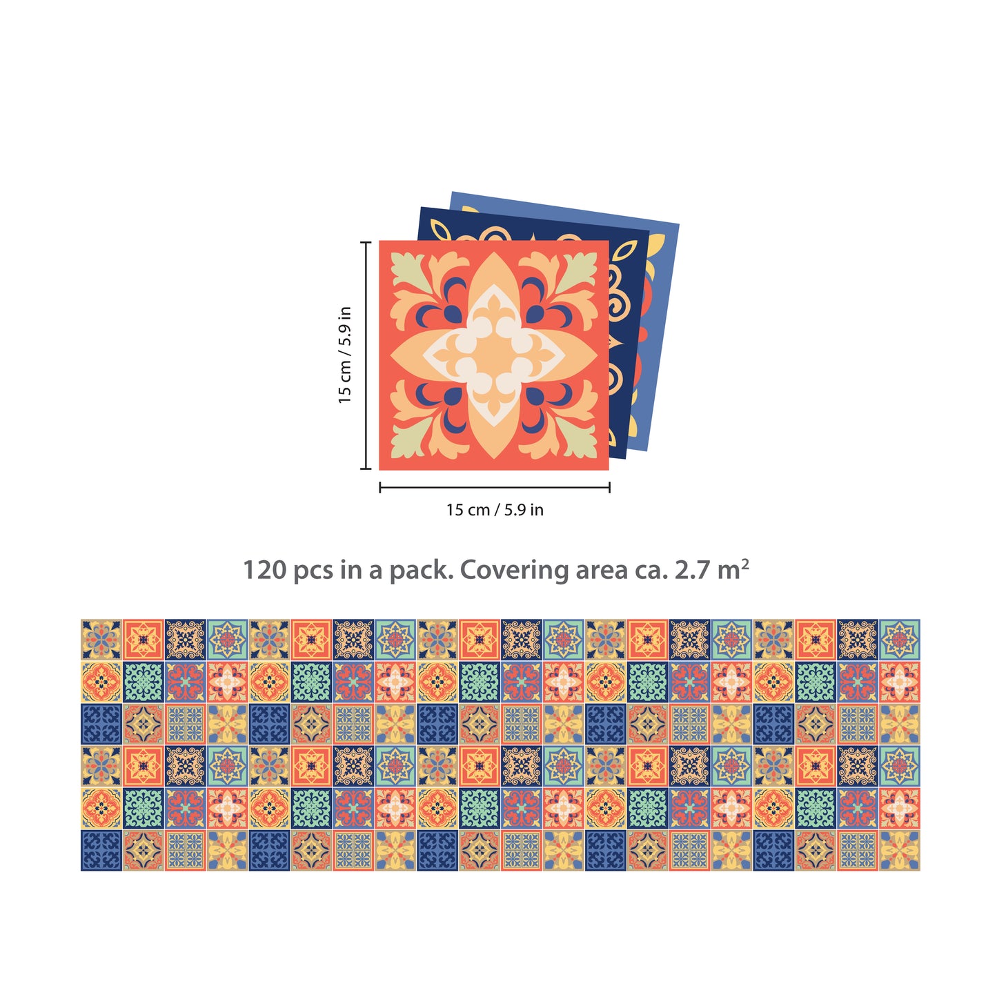 WT1568 - Mara Colourful Mix Mediterranean Wall Tile Sticker Set - 15 cm x 15 cm - 24 pcs