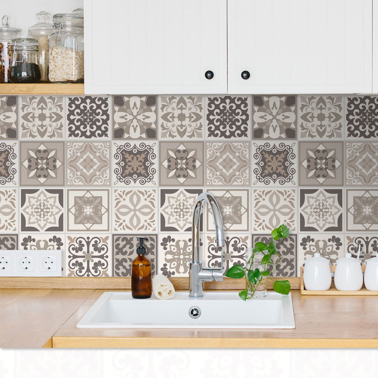 WT1570 - Noor Light Brown and Beige Mediterranean Wall Tile Sticker Set - 15 cm x 15 cm - 24 pcs