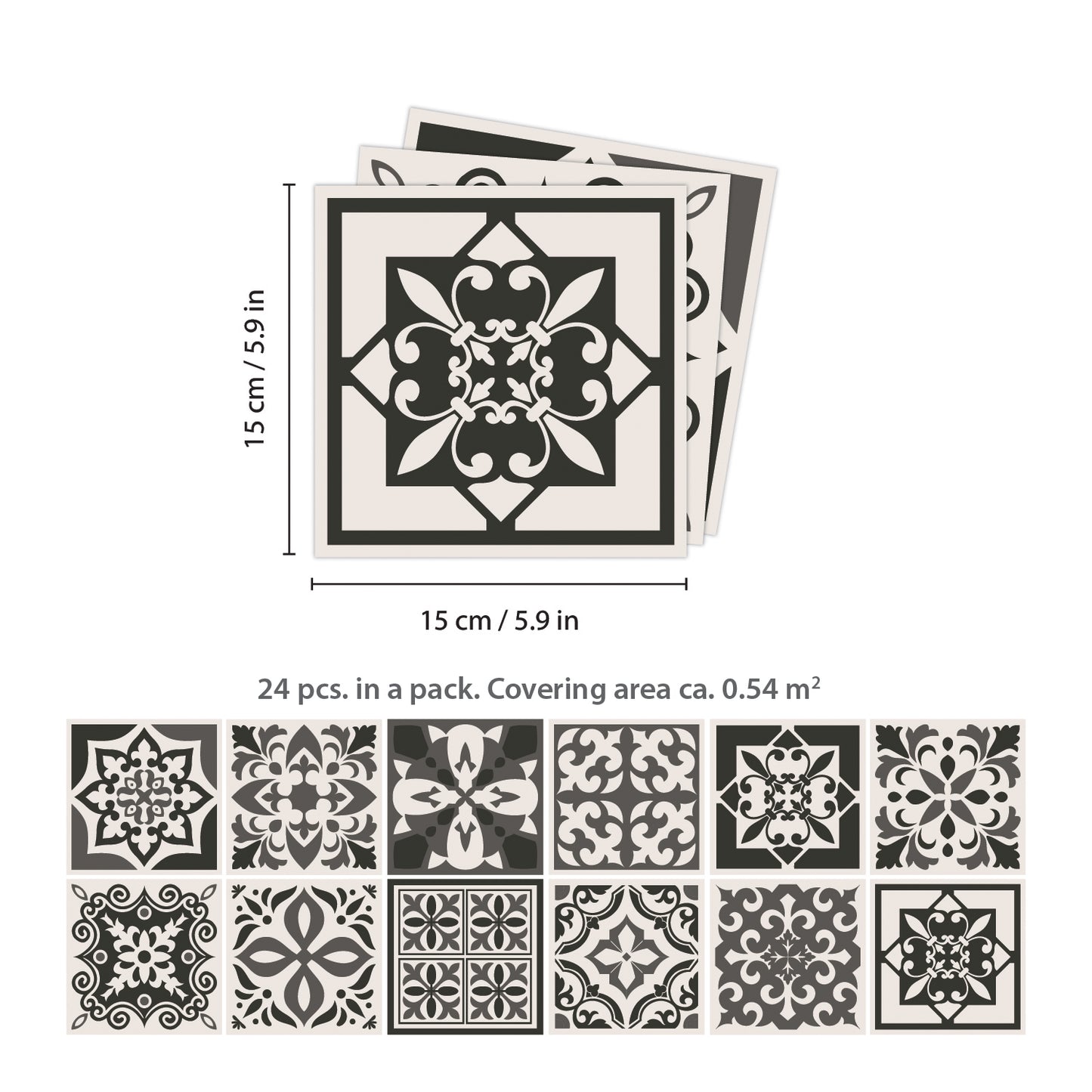 WT1571 - Ethor Dark Grey Mediterranean Wall Tile Sticker Set - 15 x 15 cm (6 x 6 in) - 24 pcs