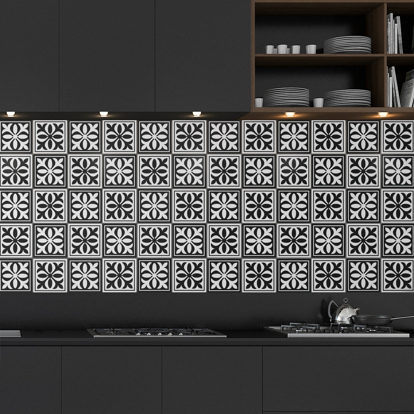 WT1574 - Emma Monocromatic Black Victorian Wall Tile Sticker Set - 15 x 15 cm (6 x 6 in) - 24 pcs