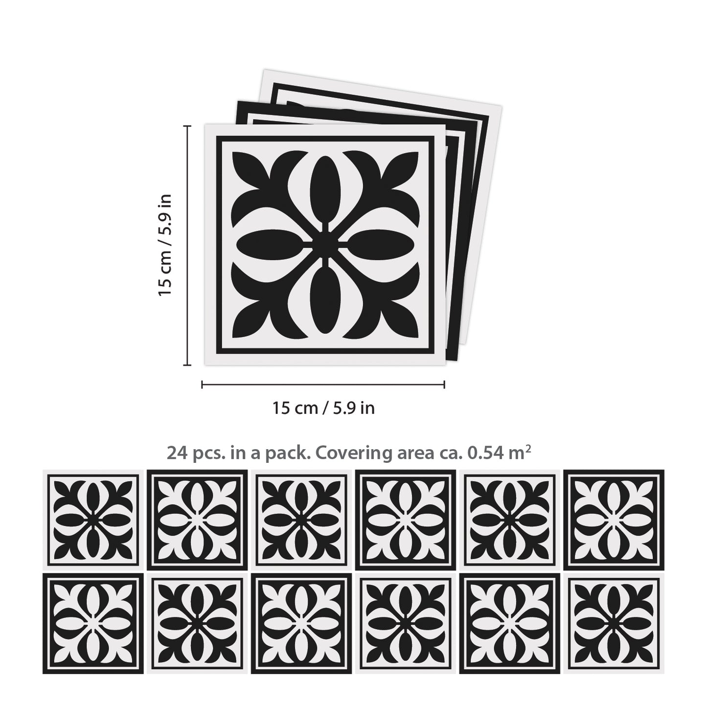 WT1574 - Emma Monocromatic Black Victorian Wall Tile Sticker Set - 15 x 15 cm (6 x 6 in) - 24 pcs